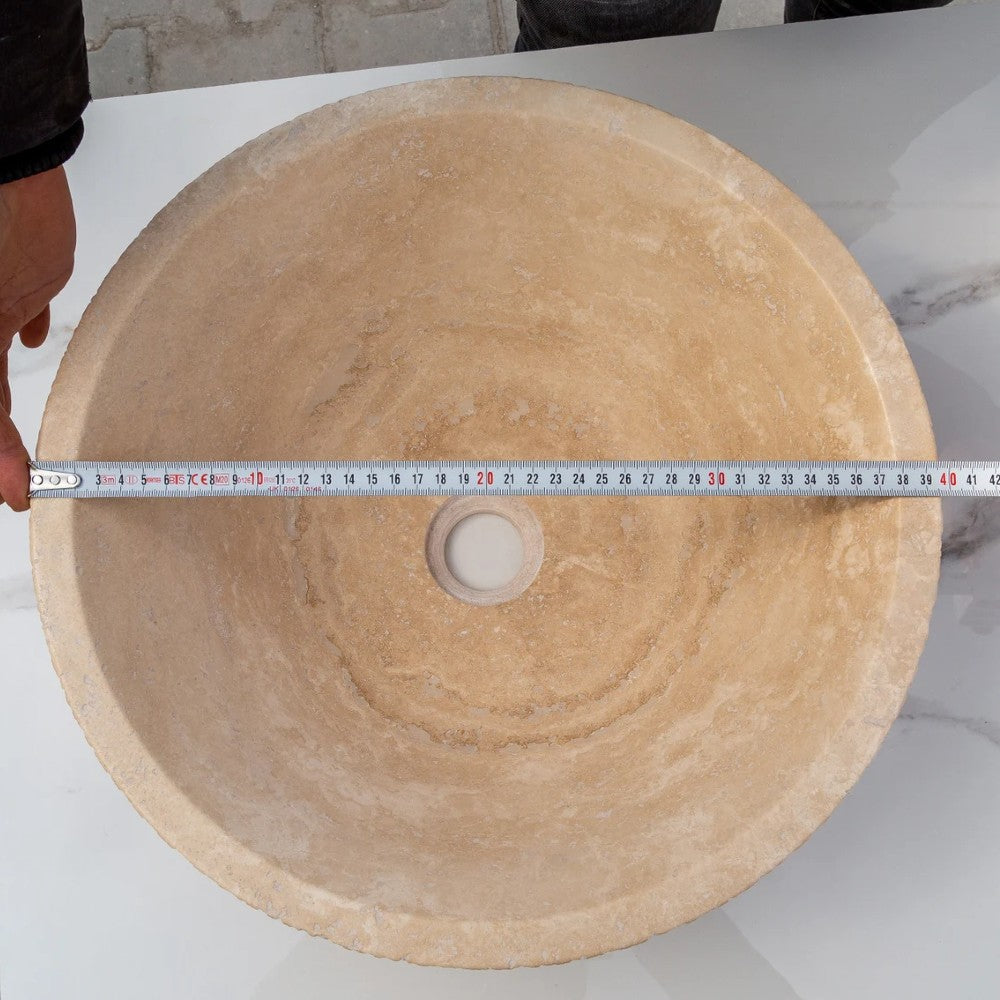 Light Beige Travertine V-Shape Tapered Sink Honed Inside and Sandblasted Outside  (D)16" (H)6"