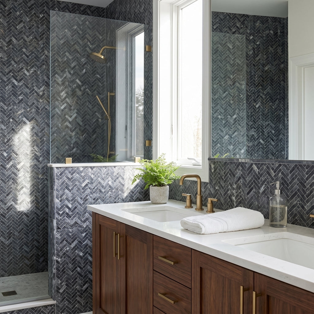 Luna Sky Marble 1"x3" Herringbone on 12" x 12" Mesh Mosaic Tile