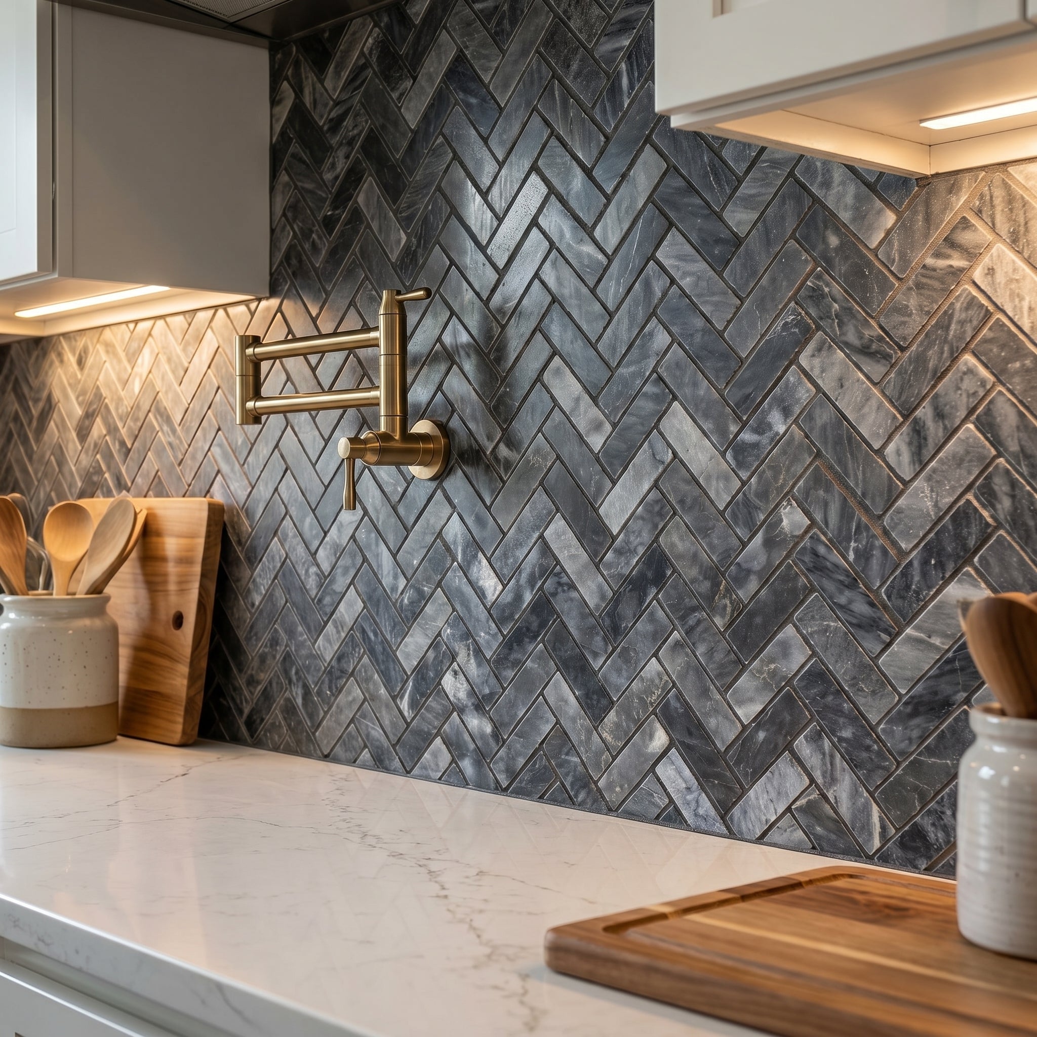 Luna Sky Marble 1"x3" Herringbone on 12" x 12" Mesh Mosaic Tile
