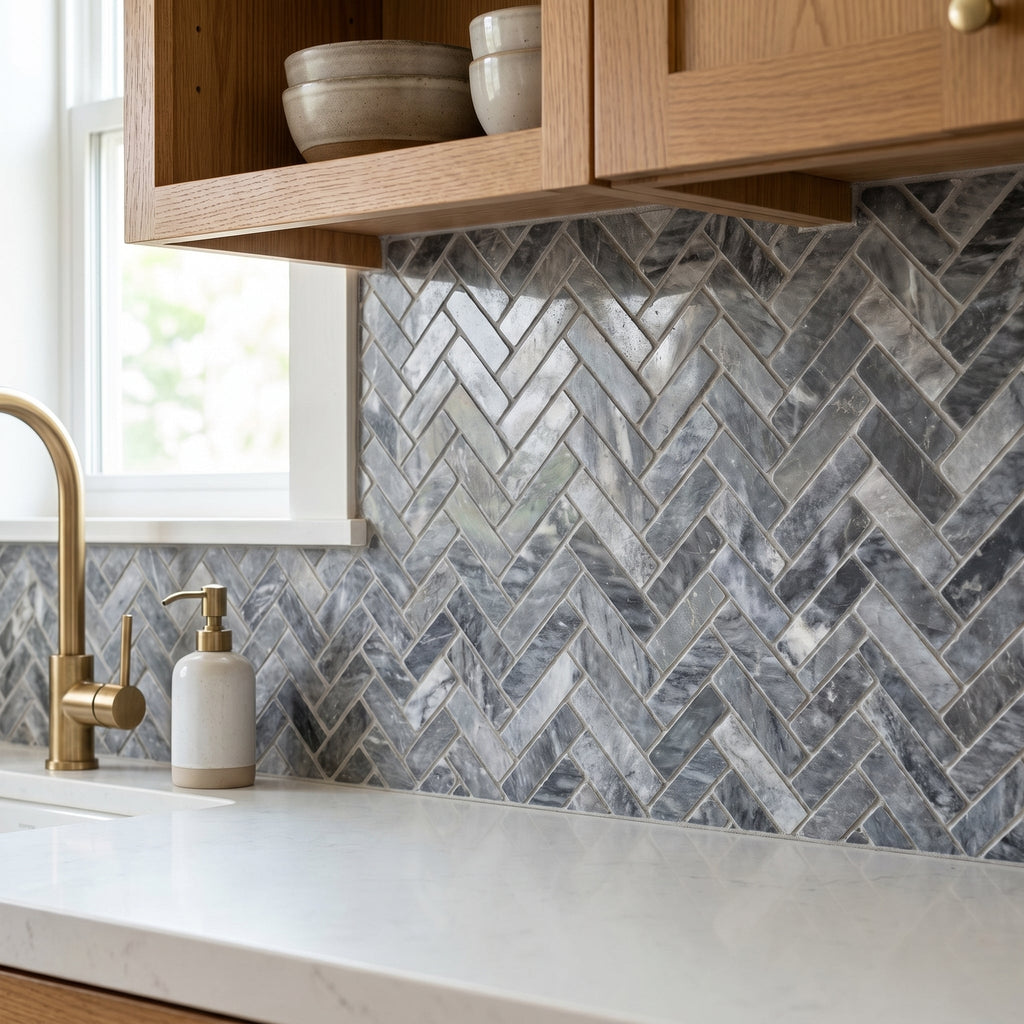 Luna Sky Marble 1"x3" Herringbone on 12" x 12" Mesh Mosaic Tile