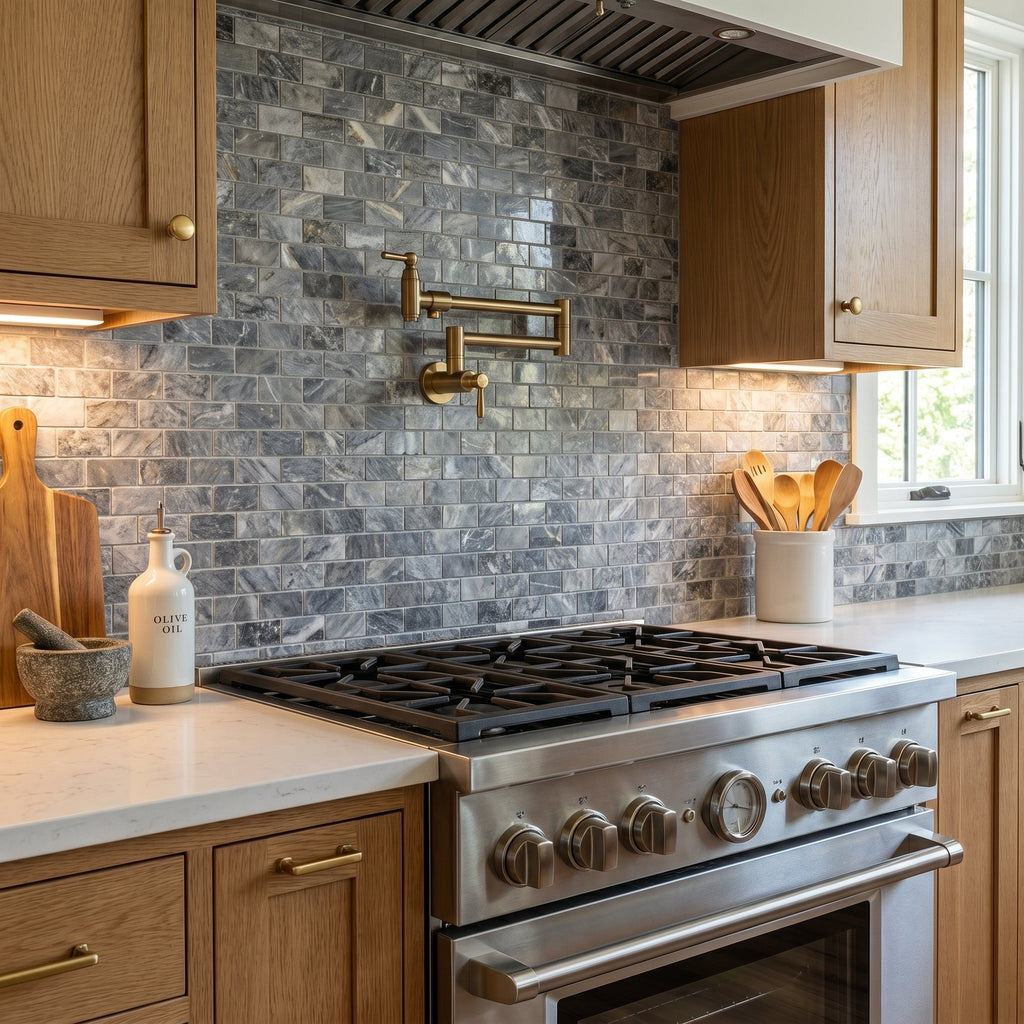 Luna Sky Marble 2"x4" Brick on 12" x 12" Mesh Mosaic Tile