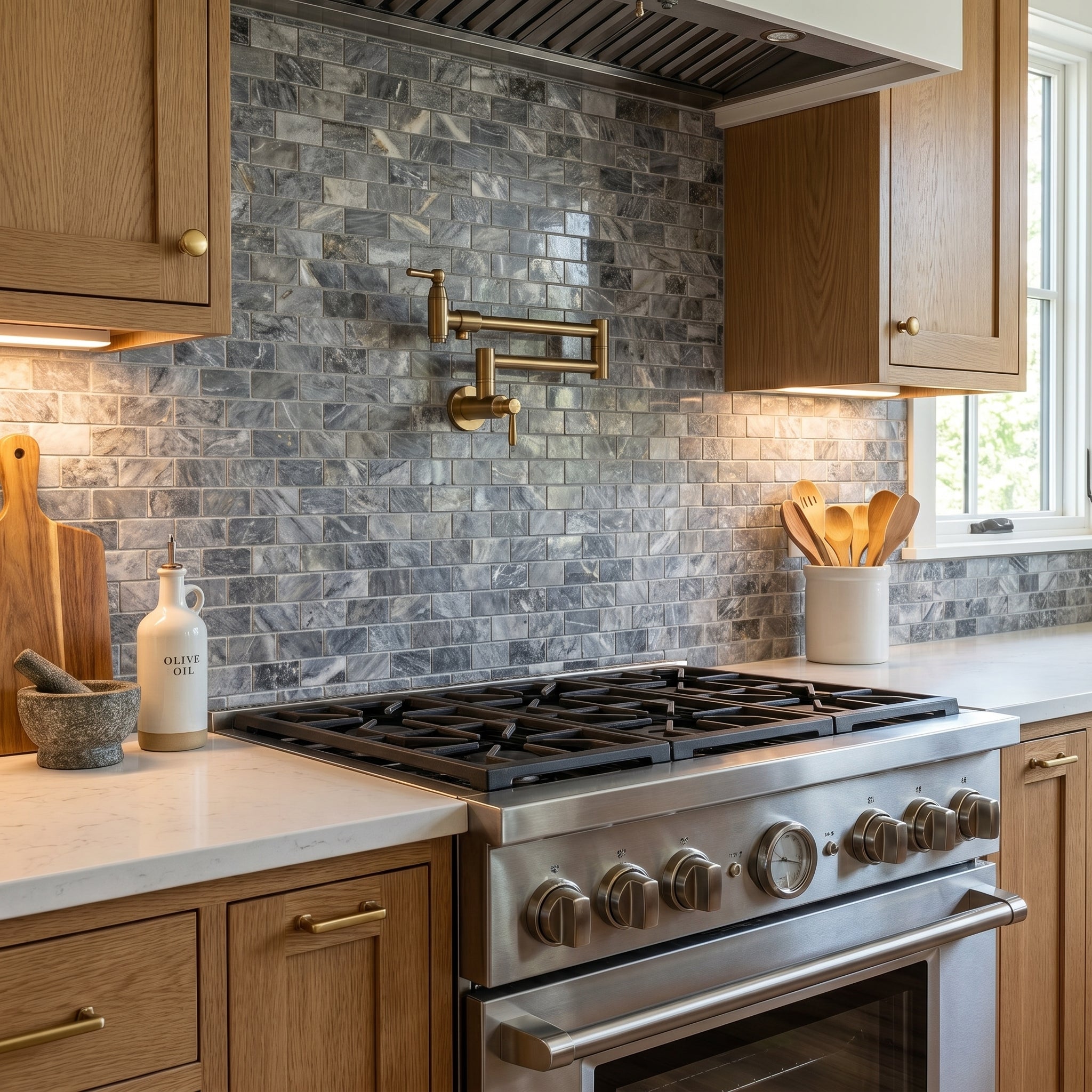 Luna Sky Marble 2"x4" Brick on 12" x 12" Mesh Mosaic Tile