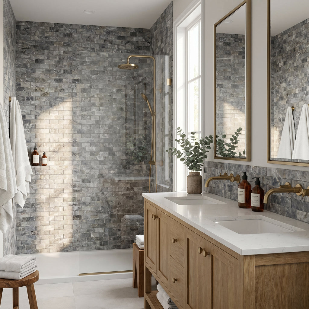 Luna Sky Marble 2"x4" Brick on 12" x 12" Mesh Mosaic Tile