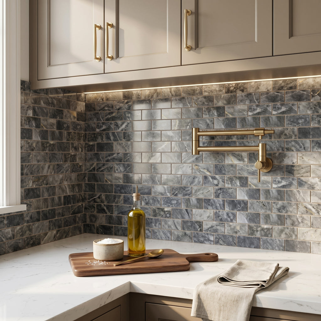 Luna Sky Marble 2"x4" Brick on 12" x 12" Mesh Mosaic Tile