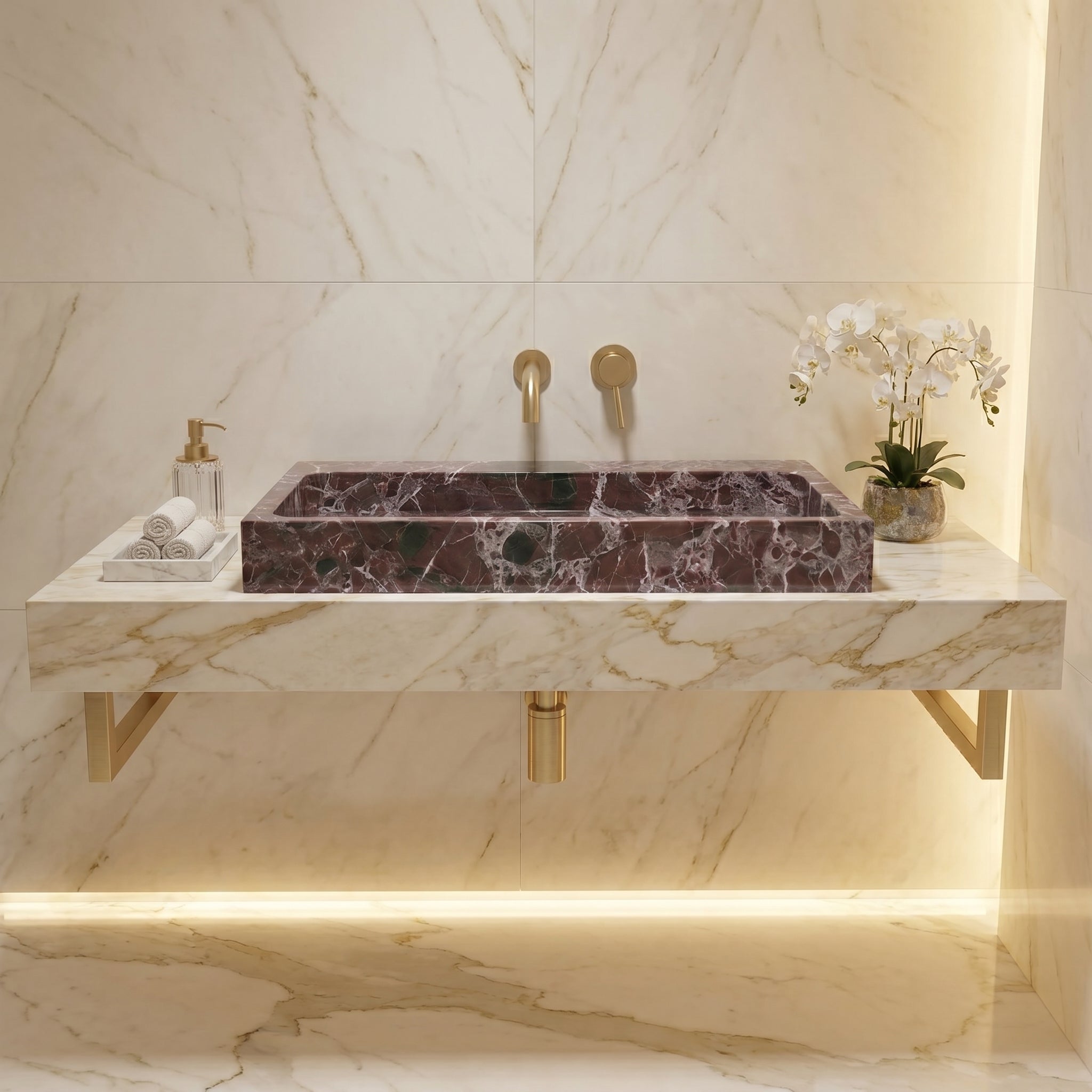 Rosso Levanto Marble Rectangular Wall-mount Sink (W)20" (L)48" (H)5"