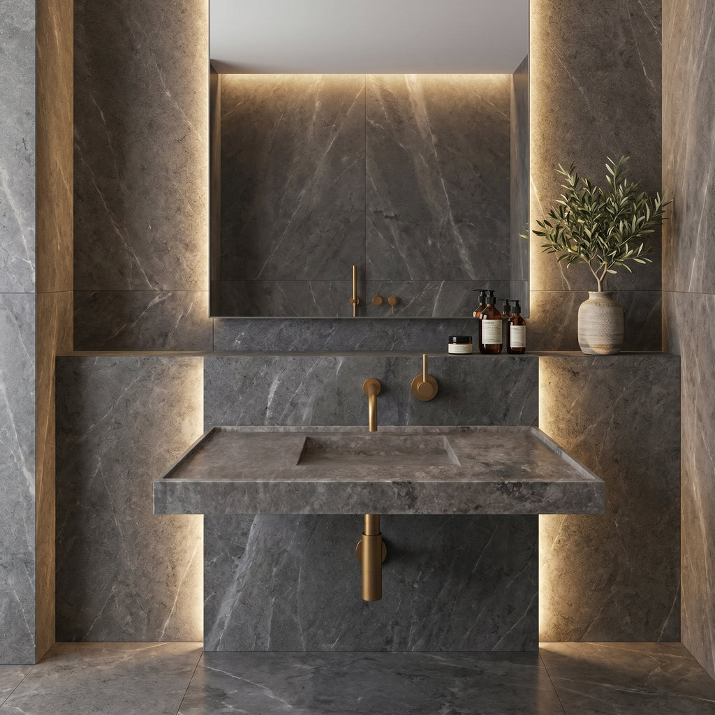 Tundra Grey Marble Rectangular Wall-mount Bathroom Sink Hidden Drain (W)20" (L)48" (H)5"