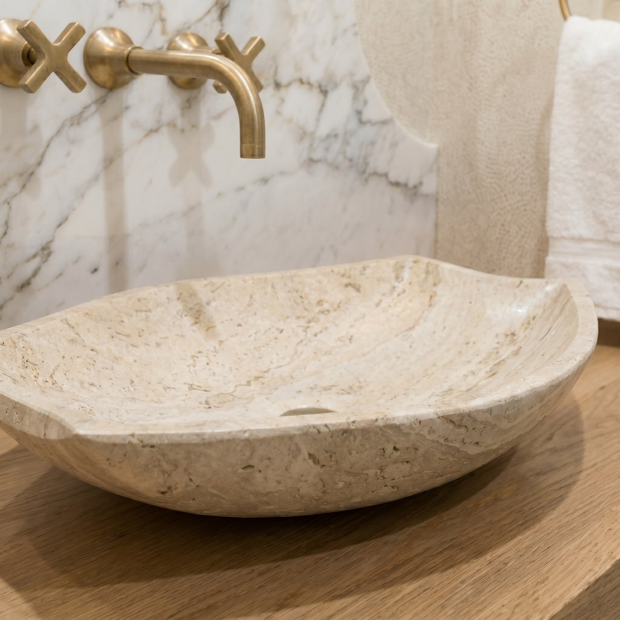 Natural Polished Stone Vessel Travertine Sink  (W)20" (L)12.5" (H)4.5"