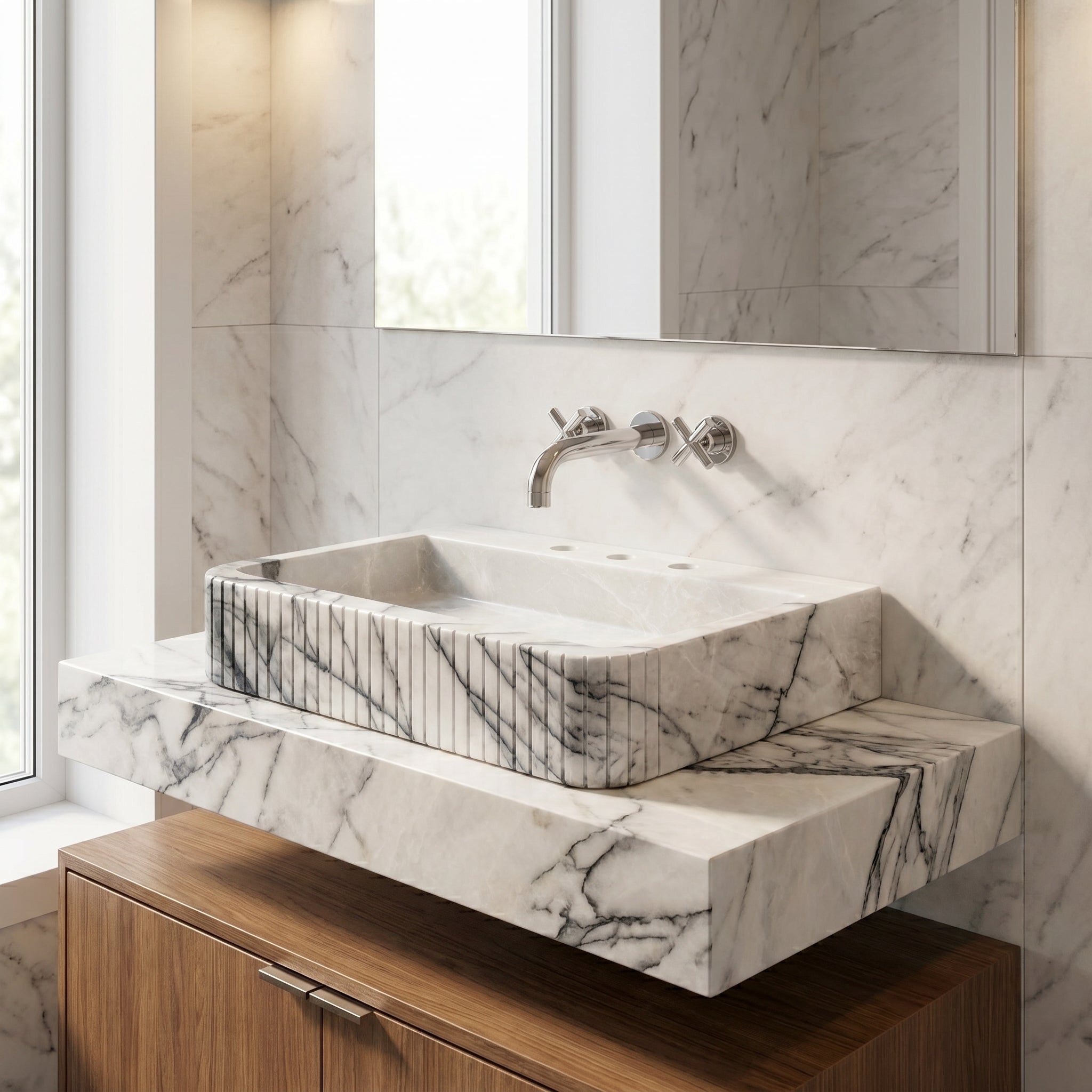 New York Marble Wall-mount Bathroom Sink Fluted Front and Edges (W)16" (L)28" (H)5"