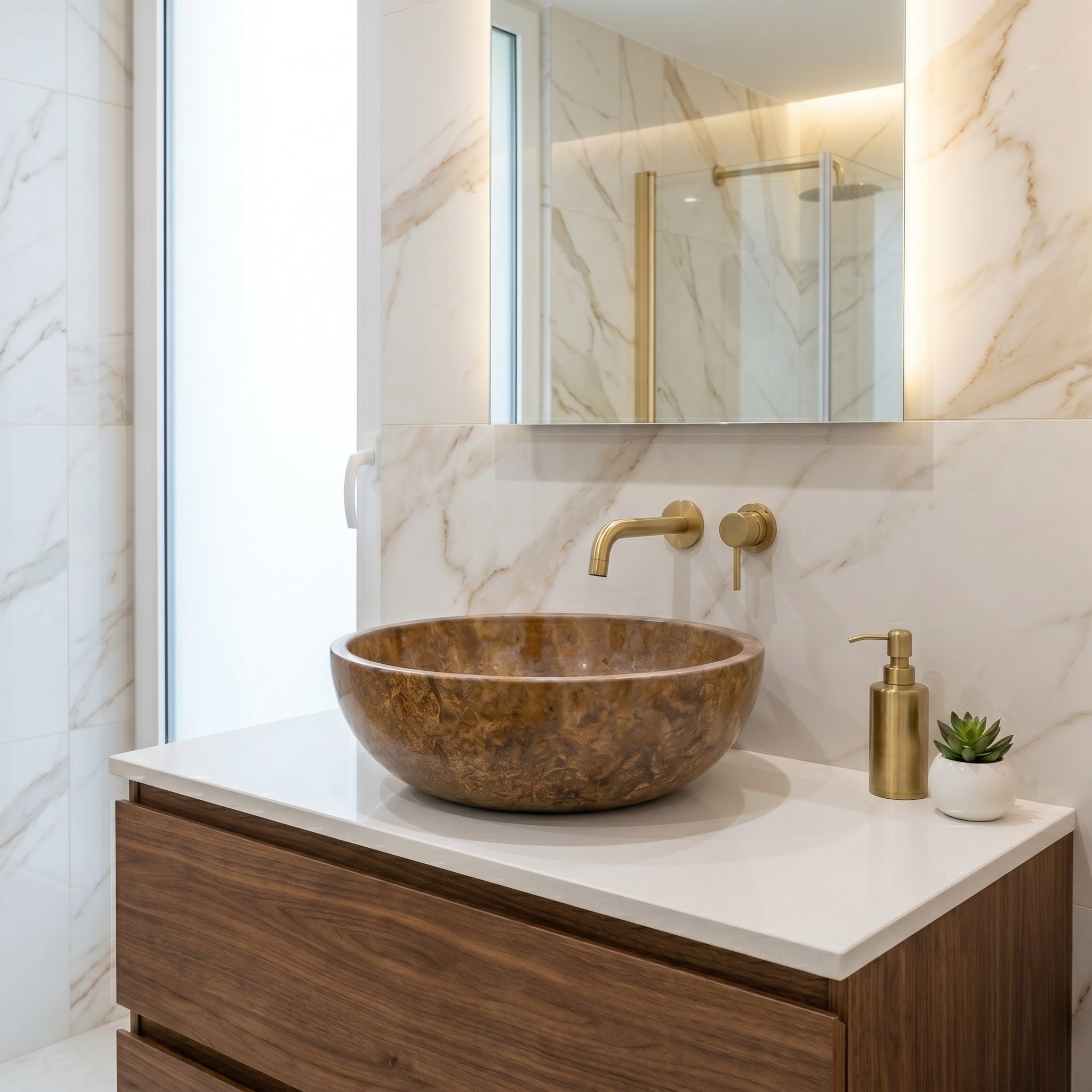 Noce Brown Travertine Natural Stone Undermount Vessel Sink Filled and Polished (D)16" (H)6"