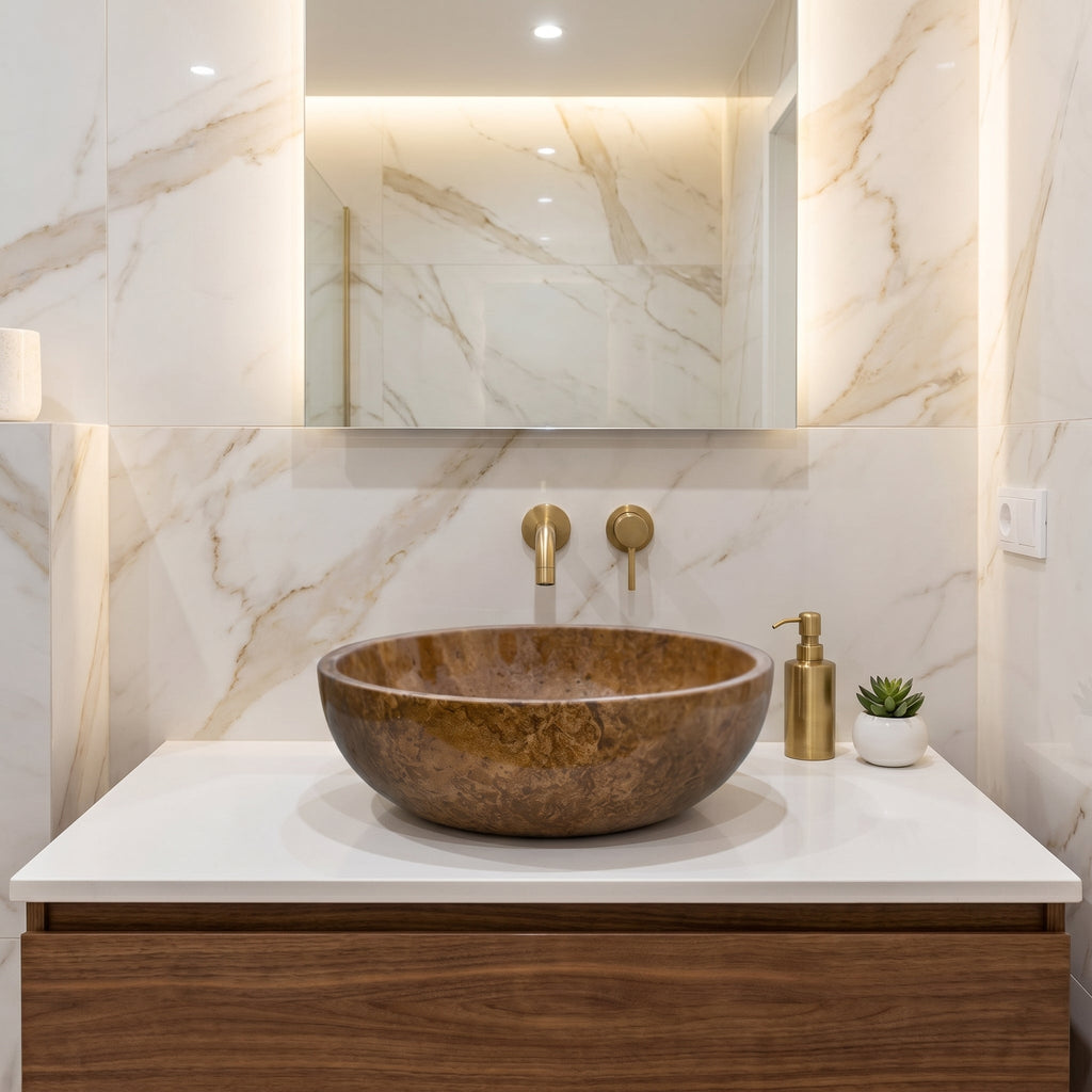Noce Brown Travertine Natural Stone Undermount Vessel Sink Filled and Polished (D)16" (H)6"