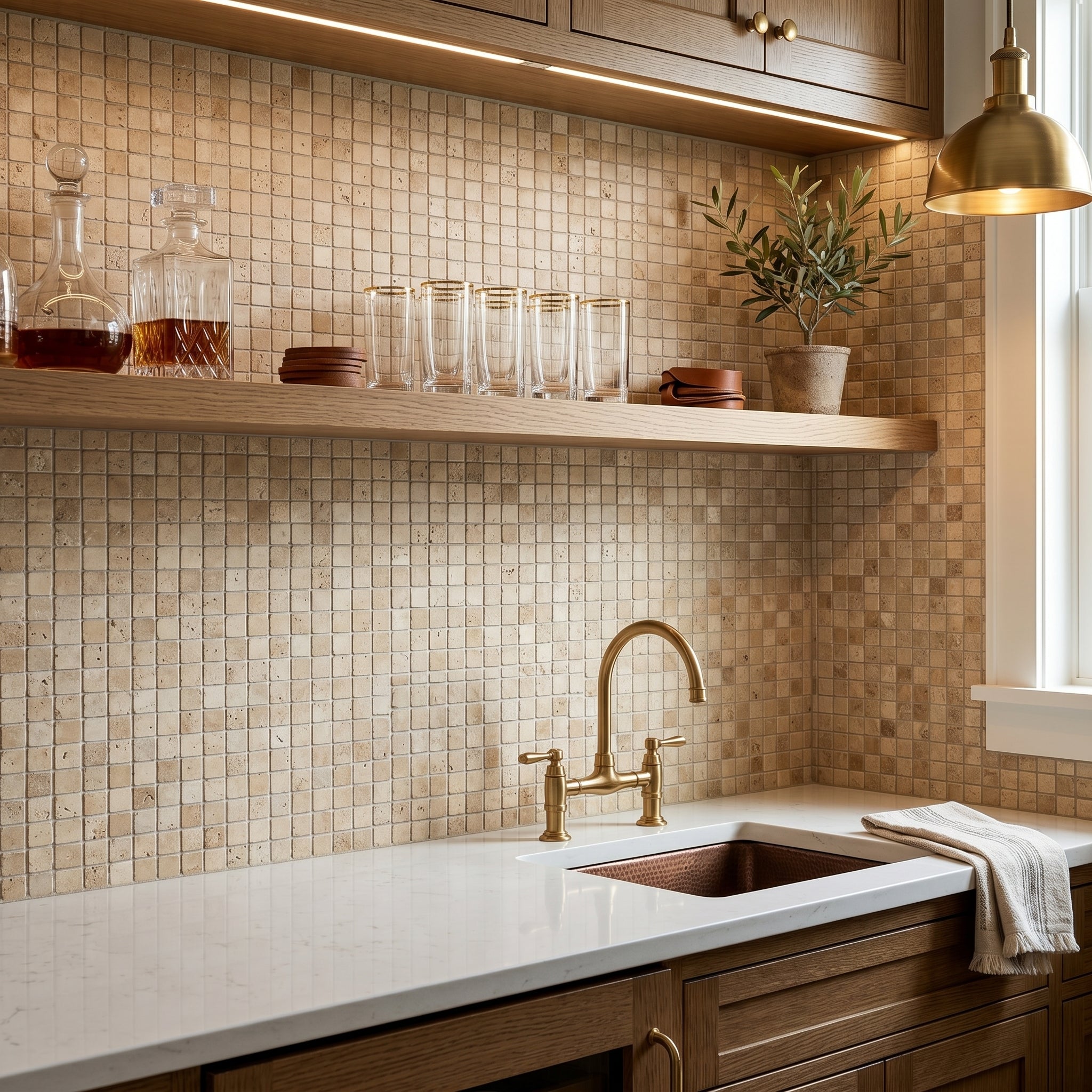 Patara 12" x 12" Polished Travertine Mesh-Mounted Mosaic Tile