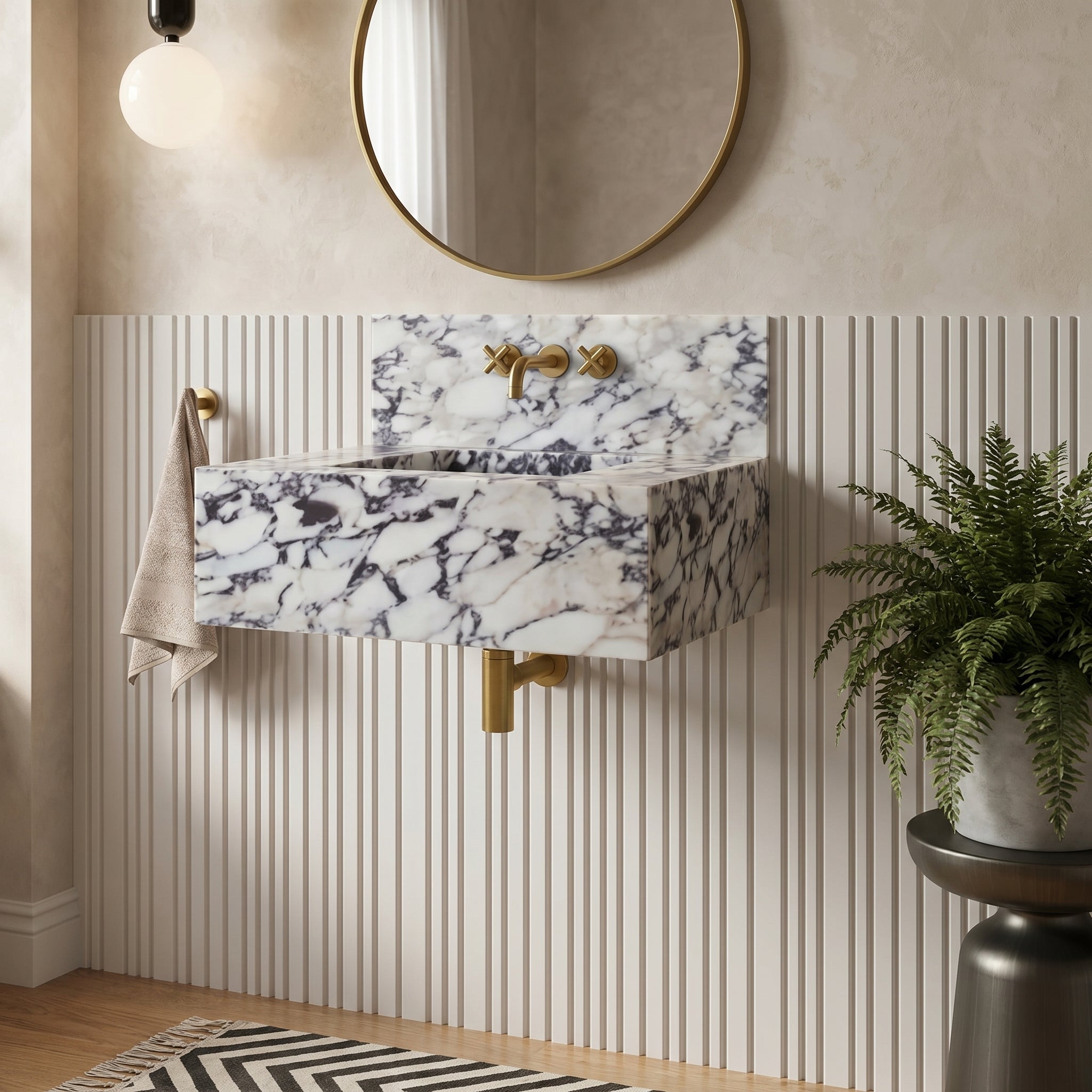 Calacatta Viola Marble Rectangular Wall-mount Bathroom Sink with 10" Backsplash (W)16" (L)32" (H)10"