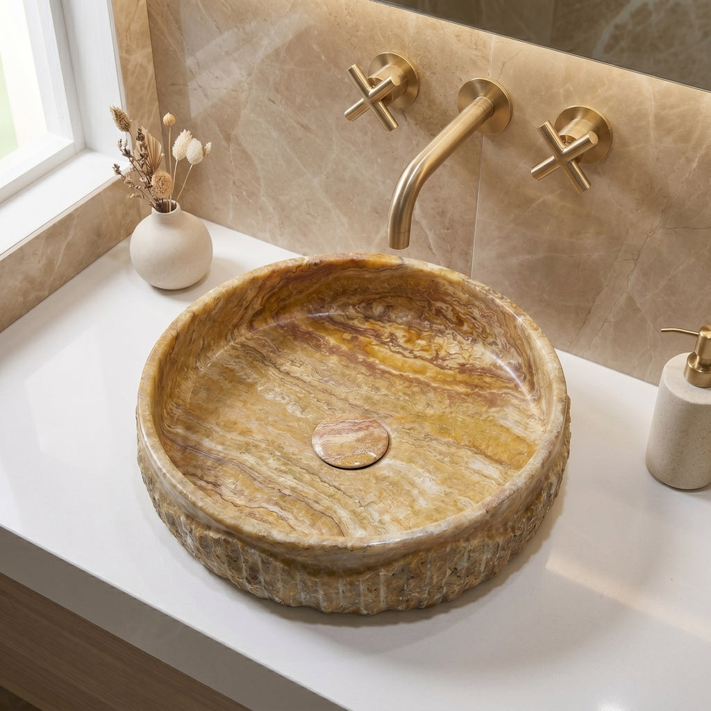 Scabos Gold Travertine Rustic Stone Above Vanity Bathroom Sink (D)18" (H)4"