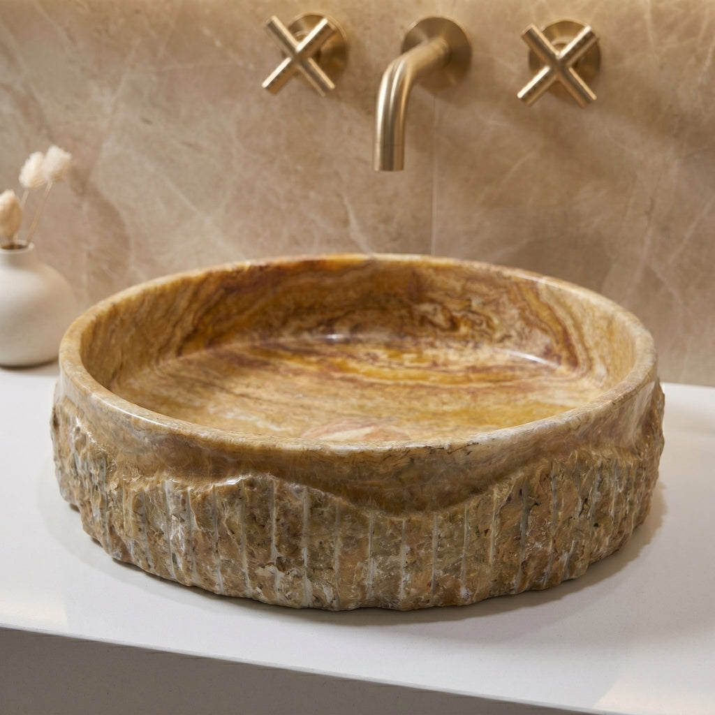 Scabos Gold Travertine Rustic Stone Above Vanity Bathroom Sink (D)18" (H)4"