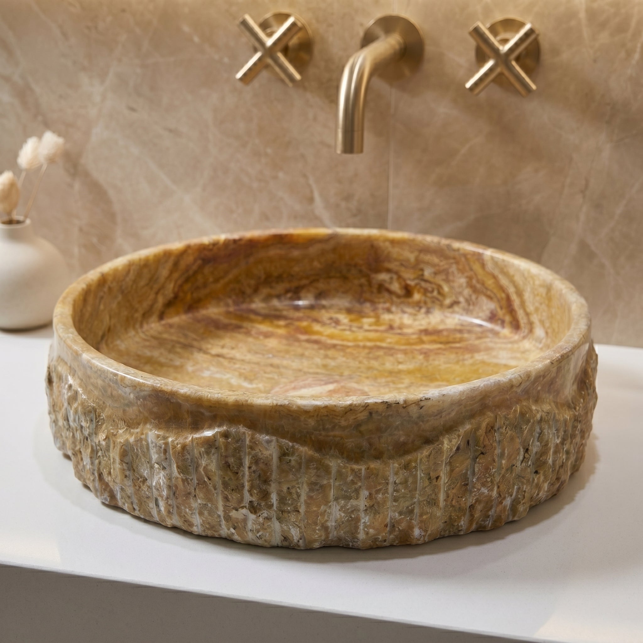 Scabos Gold Travertine Rustic Stone Above Vanity Bathroom Sink (D)18" (H)4"
