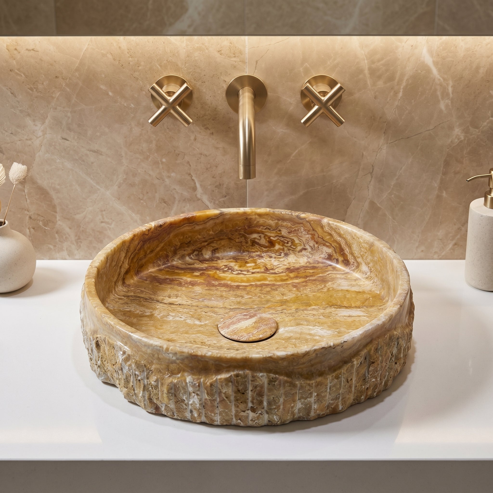 Scabos Gold Travertine Rustic Stone Above Vanity Bathroom Sink (D)18" (H)4"