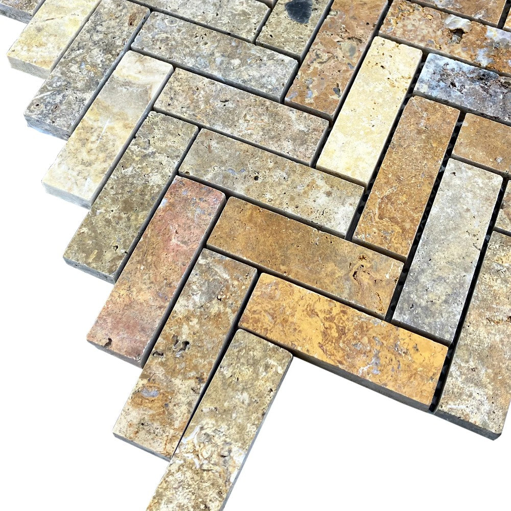 Scabos Travertine 1"x3" Herringbone on 12" x 12" Mesh Mosaic Tile
