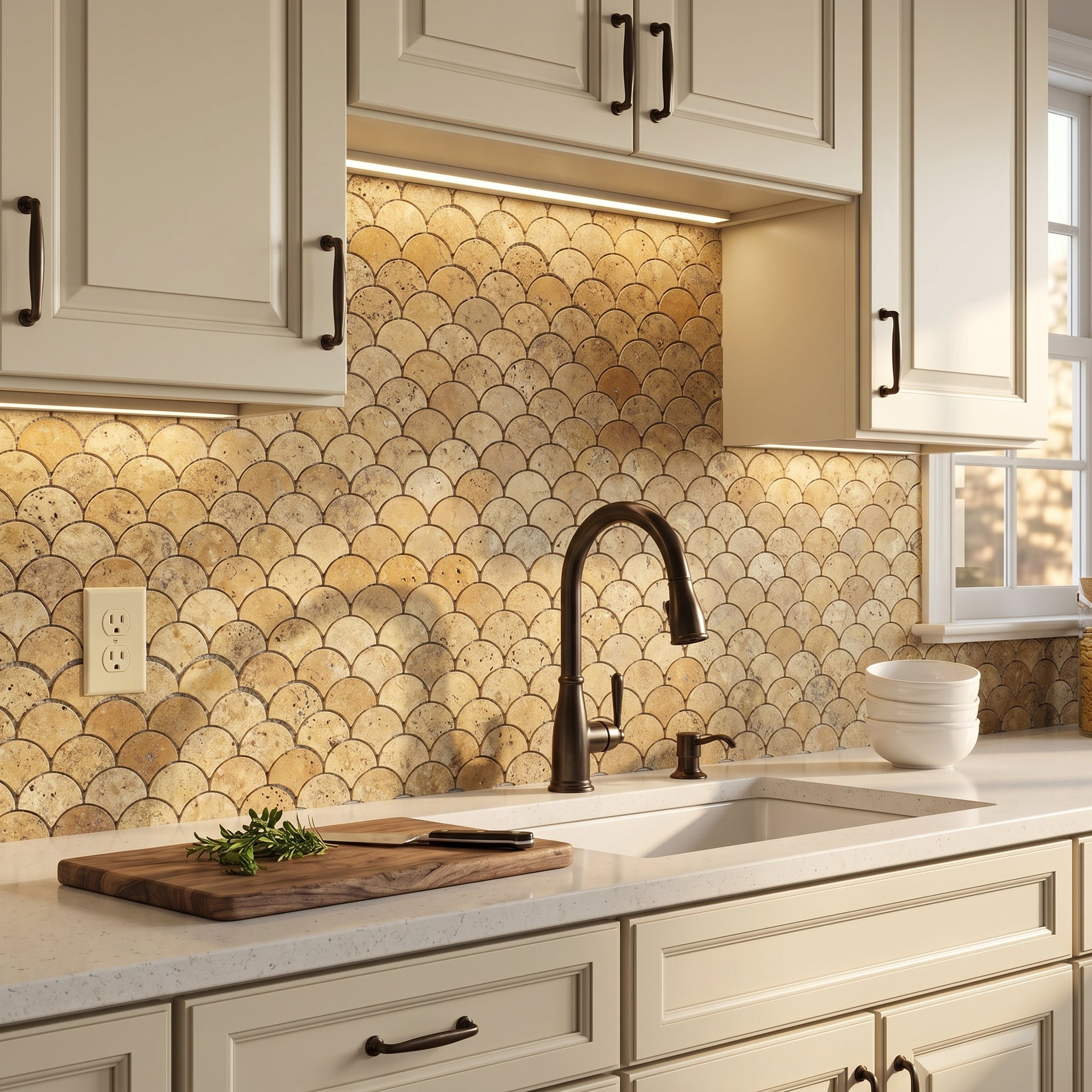 Scabos Travertine Laguna on 12" x 12" Mesh Mosaic Tile
