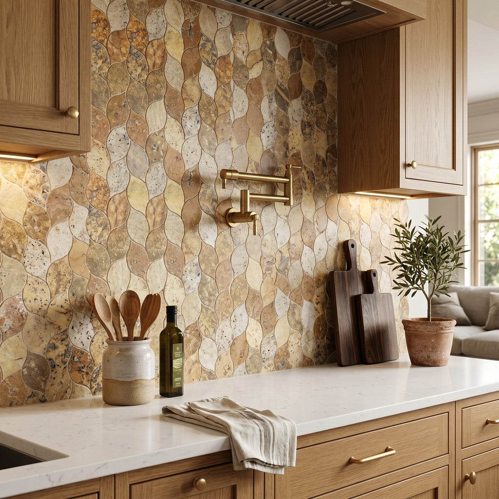 Scabos Travertine Leaf Design on 12" x 12" Mesh Mosaic Tile