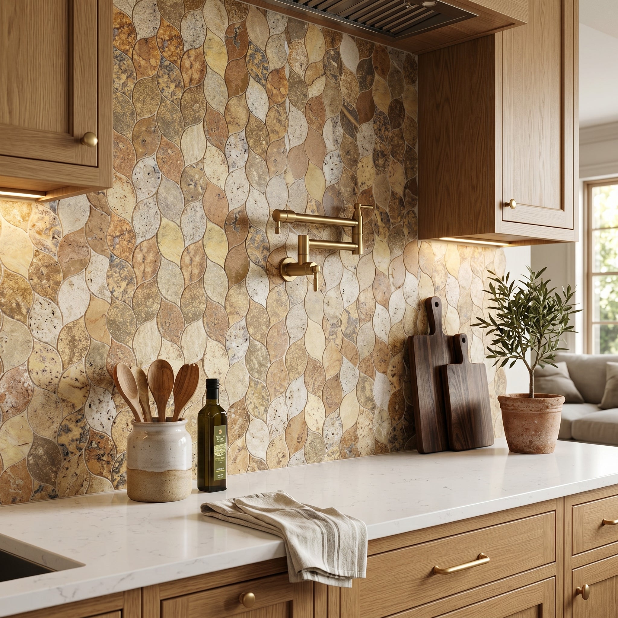 Scabos Travertine Leaf Design on 12" x 12" Mesh Mosaic Tile