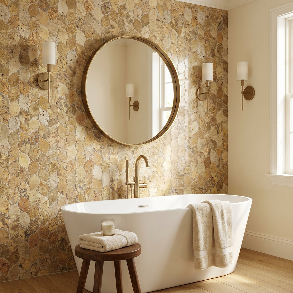 Scabos Travertine Leaf Design on 12" x 12" Mesh Mosaic Tile