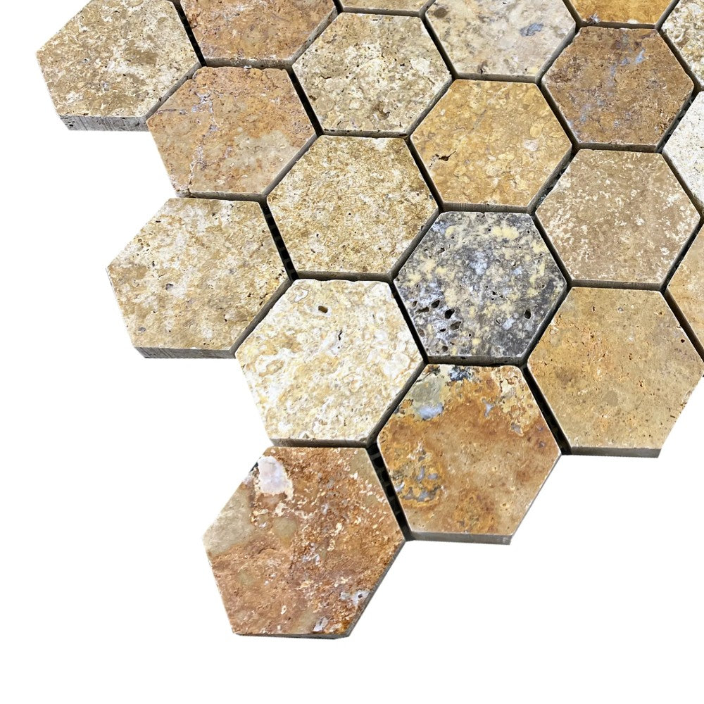 Scabos Travertine 2" Hexagon on 12" x 12" Mesh Mosaic Tile
