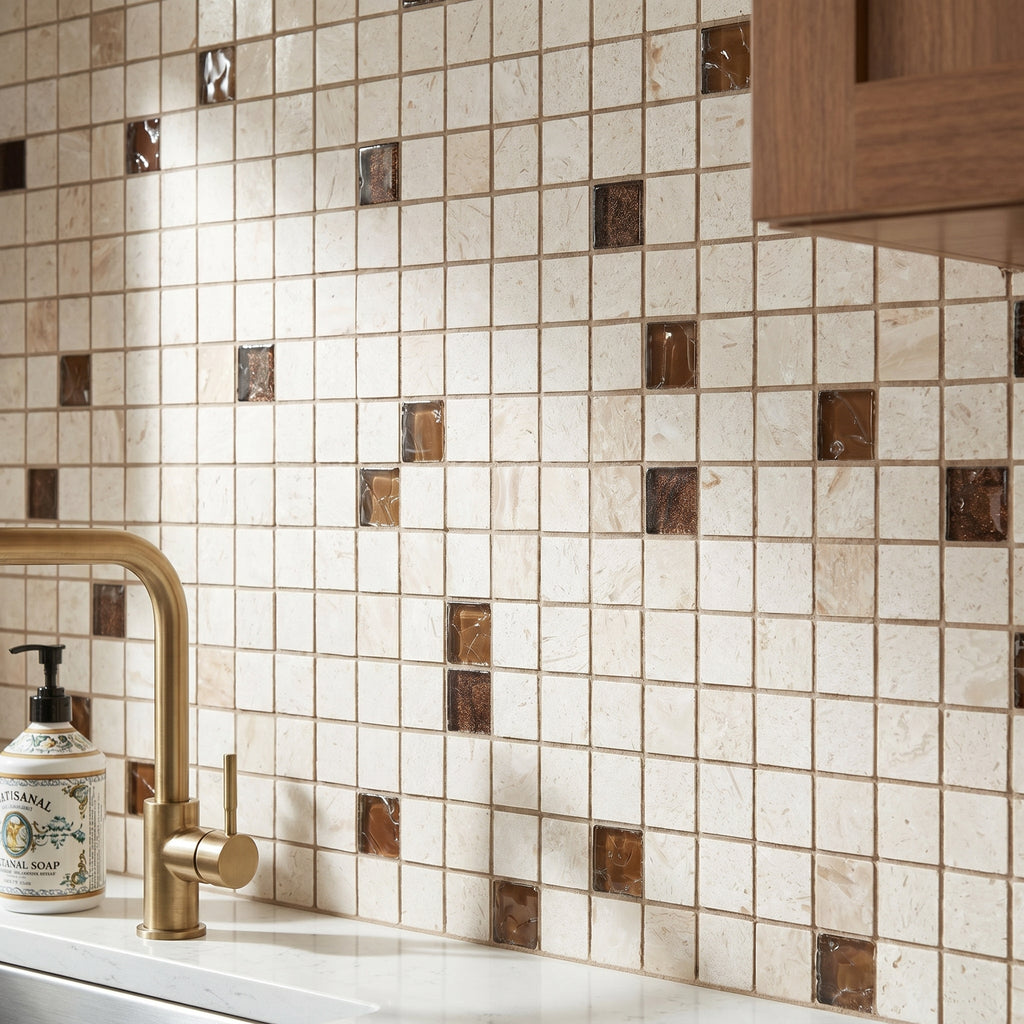 Shell Stone Limestone and Brown Glass Mix 1"x1" on 12" x 12" Mesh Mosaic Tile