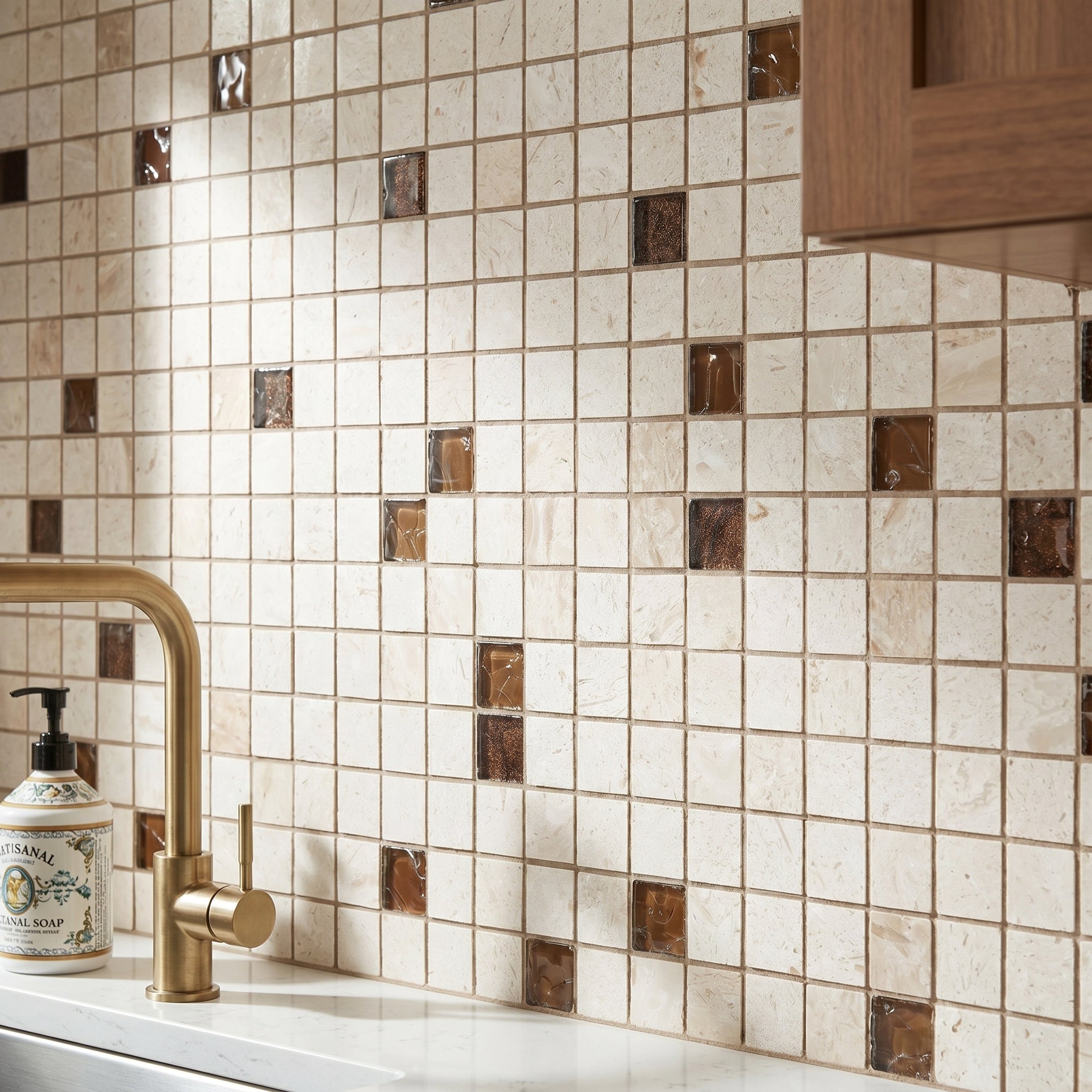 Shell Stone Limestone and Brown Glass Mix 1"x1" on 12" x 12" Mesh Mosaic Tile