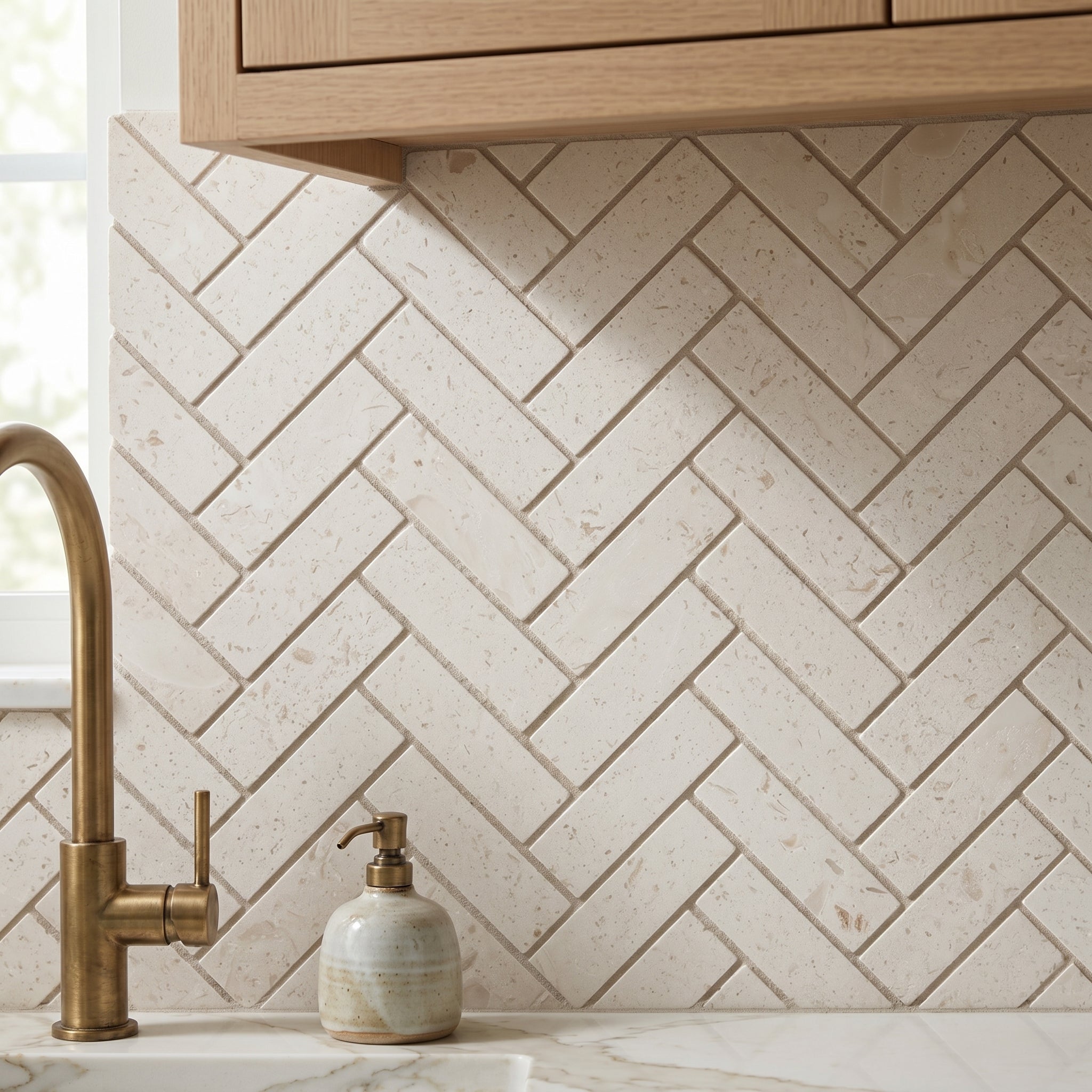Shell Stone Limestone 1"x3" Herringbone on 12" x 12" Mesh Mosaic Tile