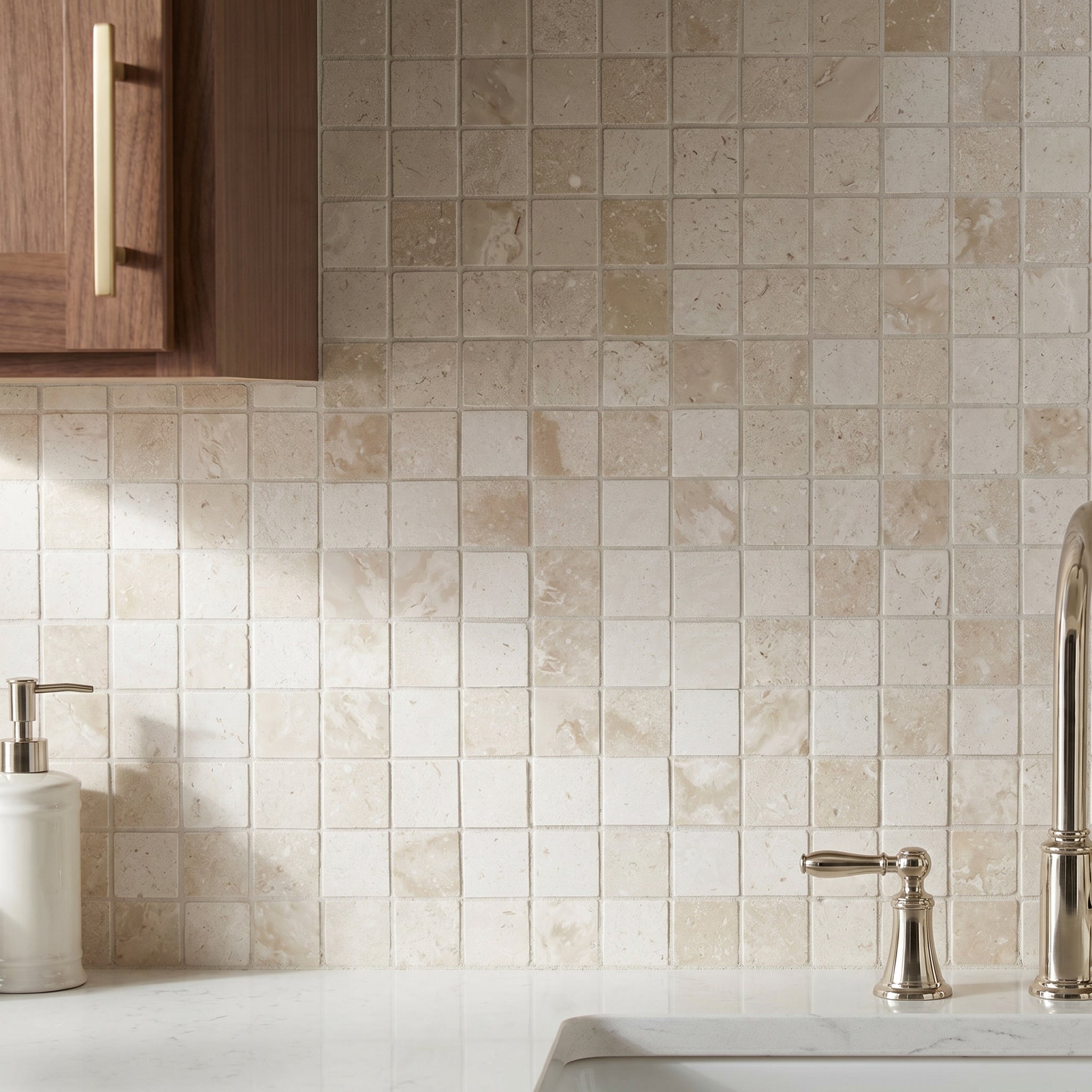 Shell Stone Limestone 2"x2" Honed on 12" x 12" Mesh Mosaic Tile