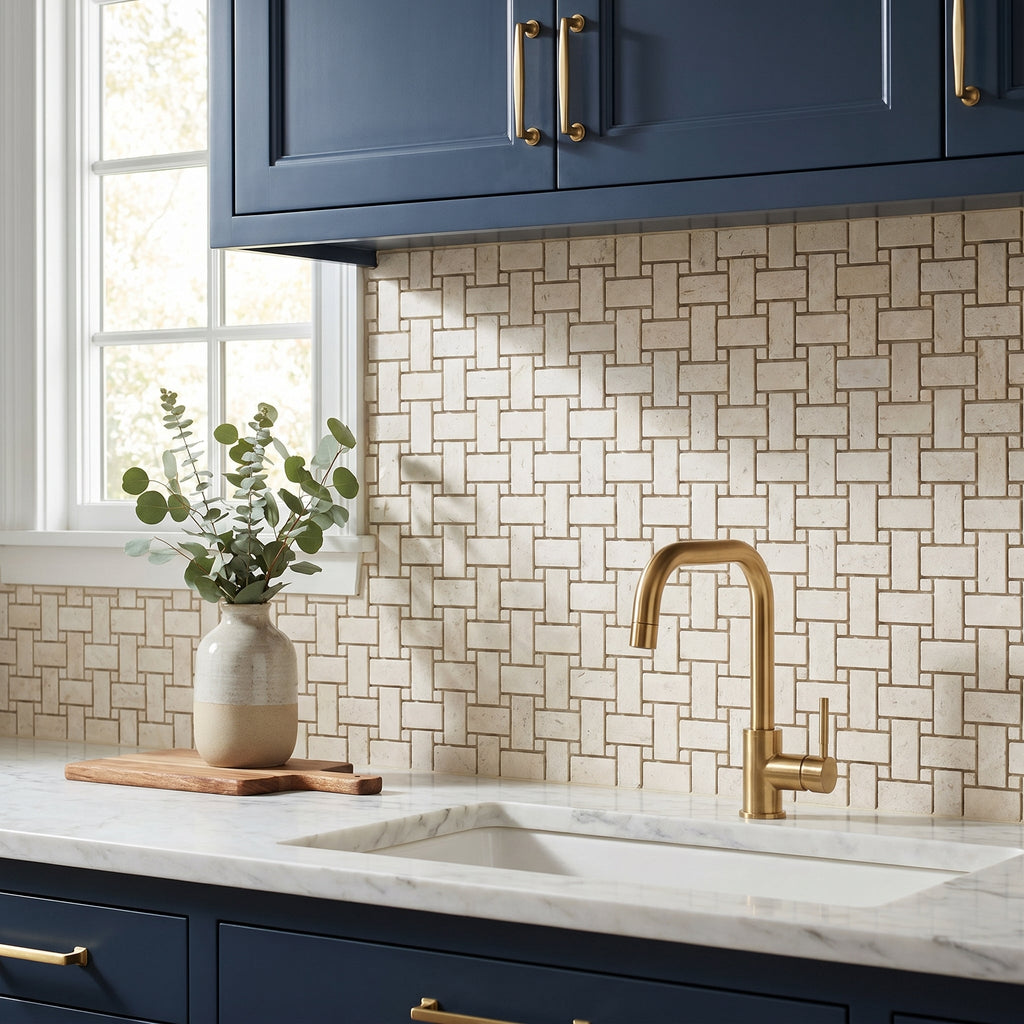 Shell Stone Limestone Basketweave Design on 12" x 12" Mesh Mosaic Tile