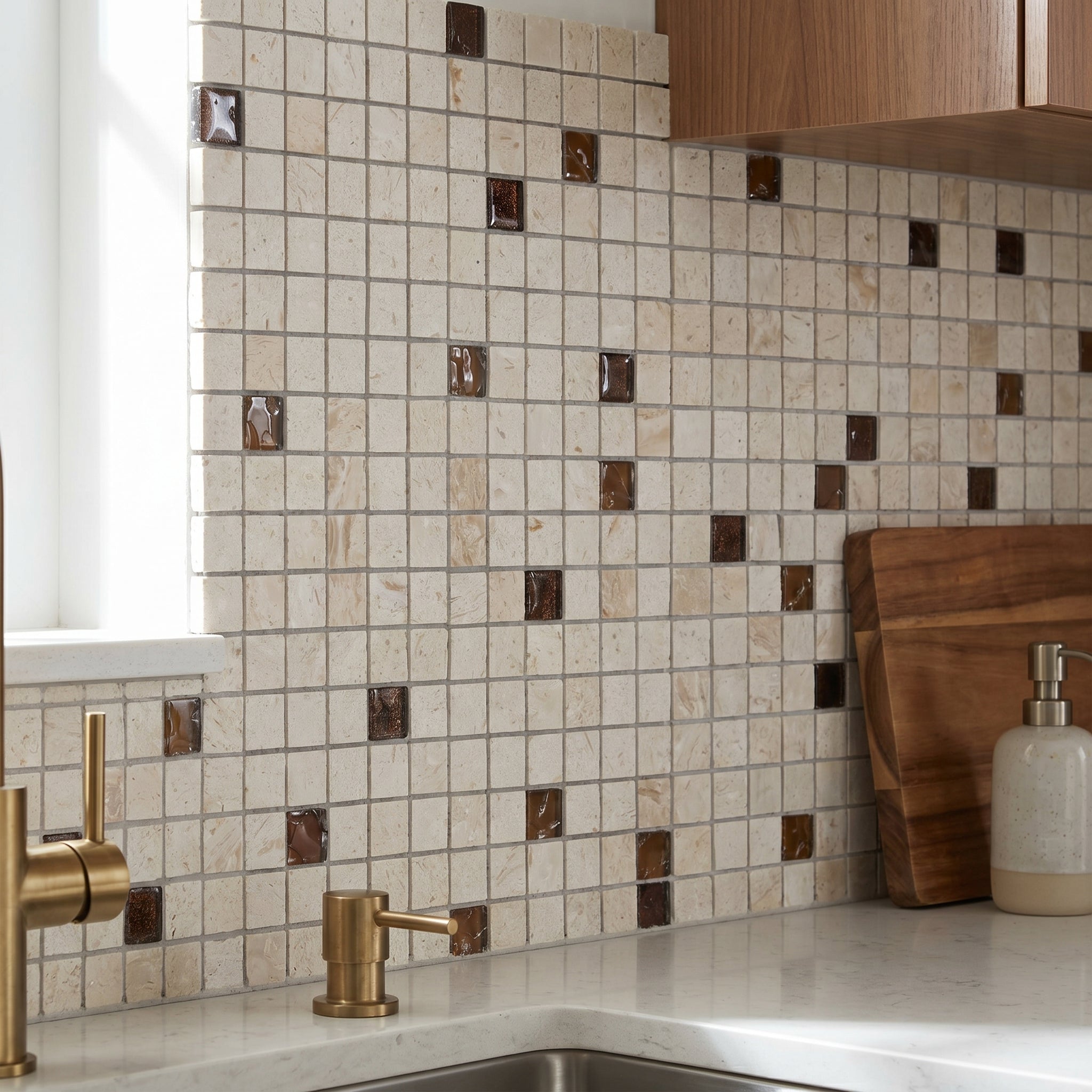 Shell Stone Limestone and Brown Glass Mix 1"x1" on 12" x 12" Mesh Mosaic Tile