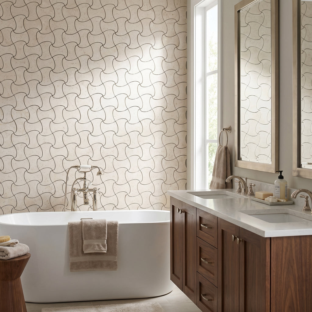 Shell Stone Limestone Fusion Design on 12" x 12" Mesh Mosaic Tile