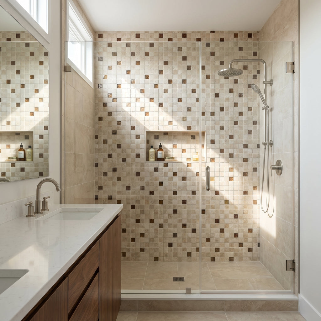 Shell Stone Limestone and Brown Glass Mix 1"x1" on 12" x 12" Mesh Mosaic Tile