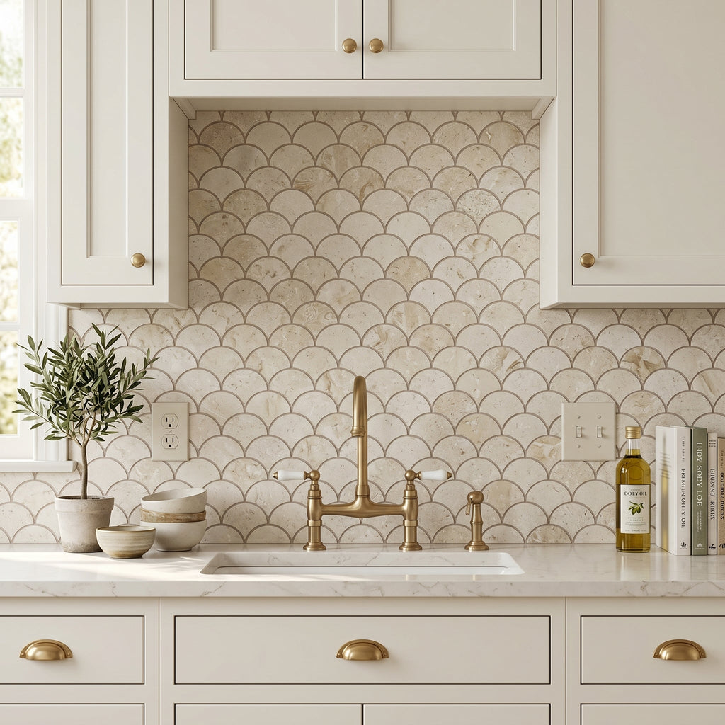 Shell Stone Limestone Laguna Design on 12" x 12" Mesh Mosaic Tile