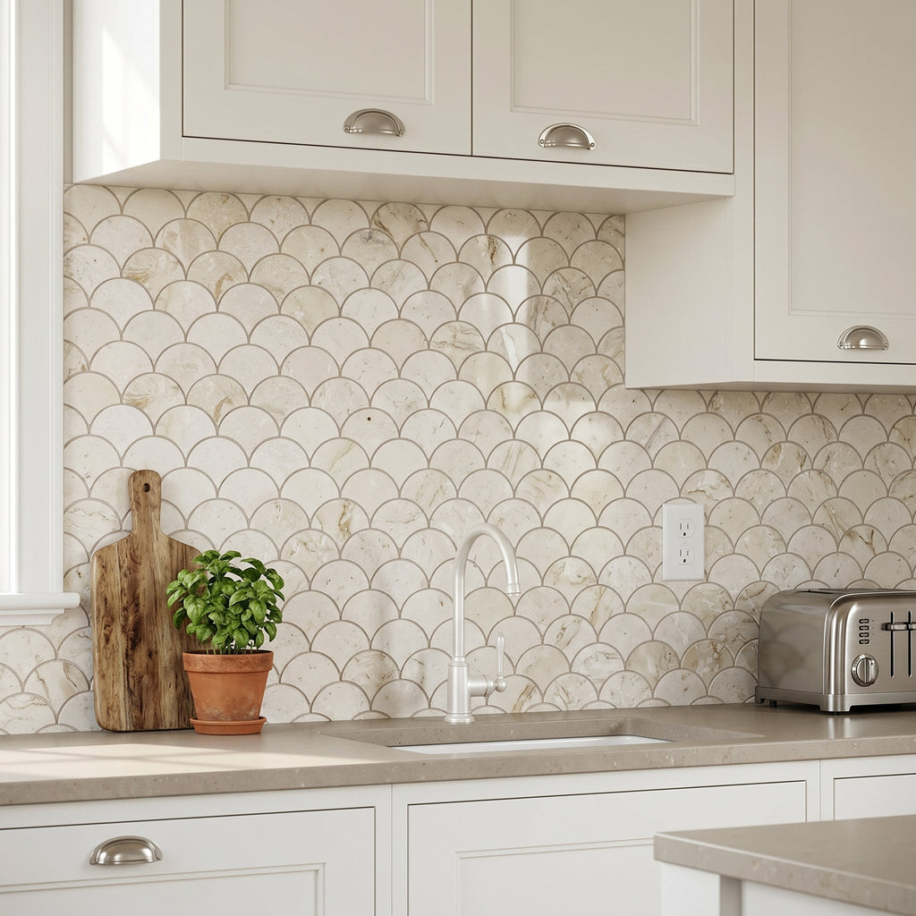 Shell Stone Limestone Laguna Design on 12" x 12" Mesh Mosaic Tile