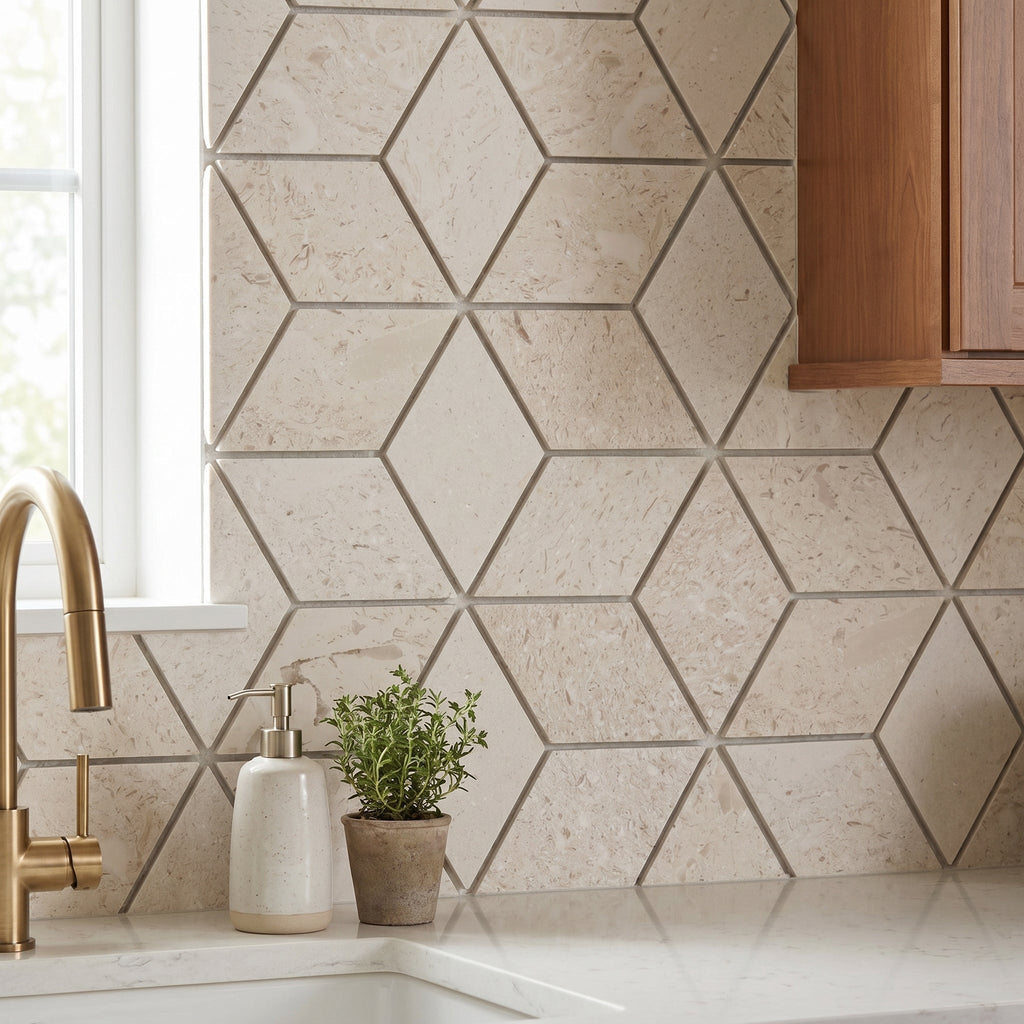 Shell Stone Limestone Rhombus Design on 12" x 12" Mesh Mosaic Tile