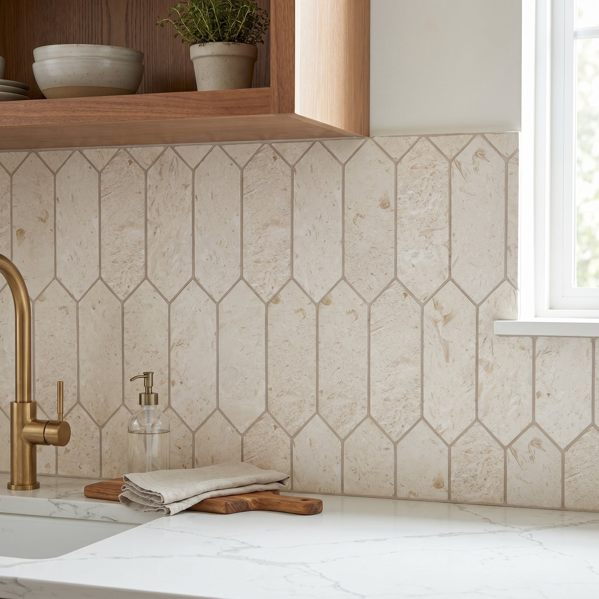 Shell Stone Limestone Strada Design on 12" x 12" Mesh Mosaic Tile