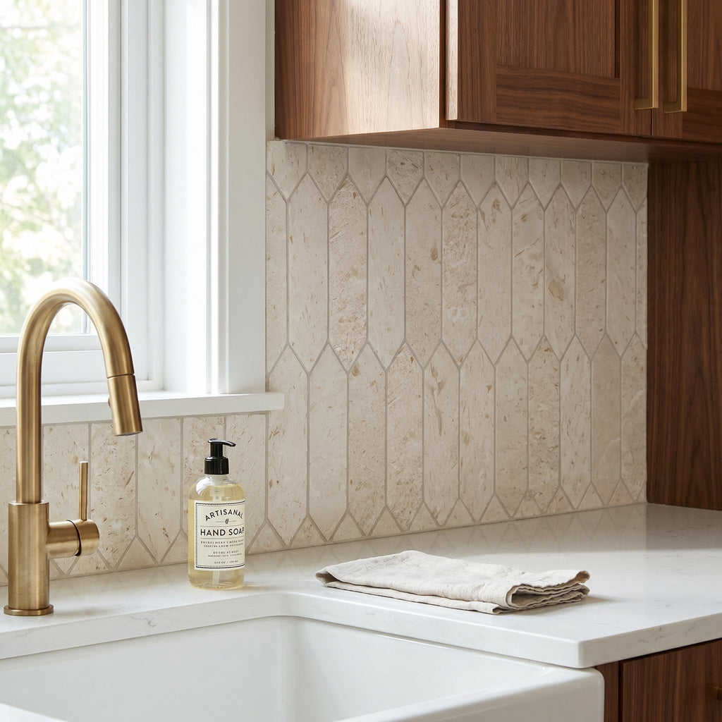 Shell Stone Limestone Strada Design on 12" x 12" Mesh Mosaic Tile