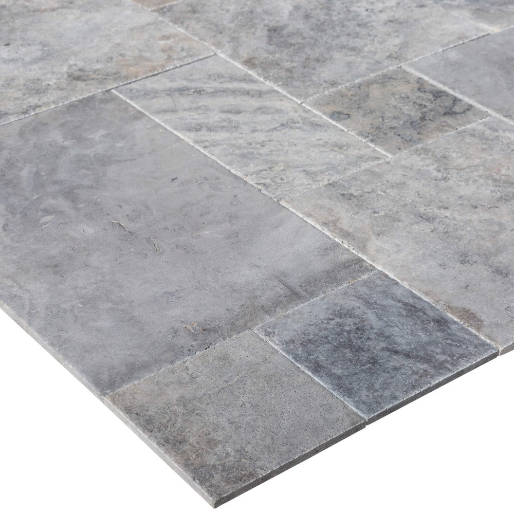 Silver Antique French Pattern Set Travertine Tile-Brushed and Chiseled