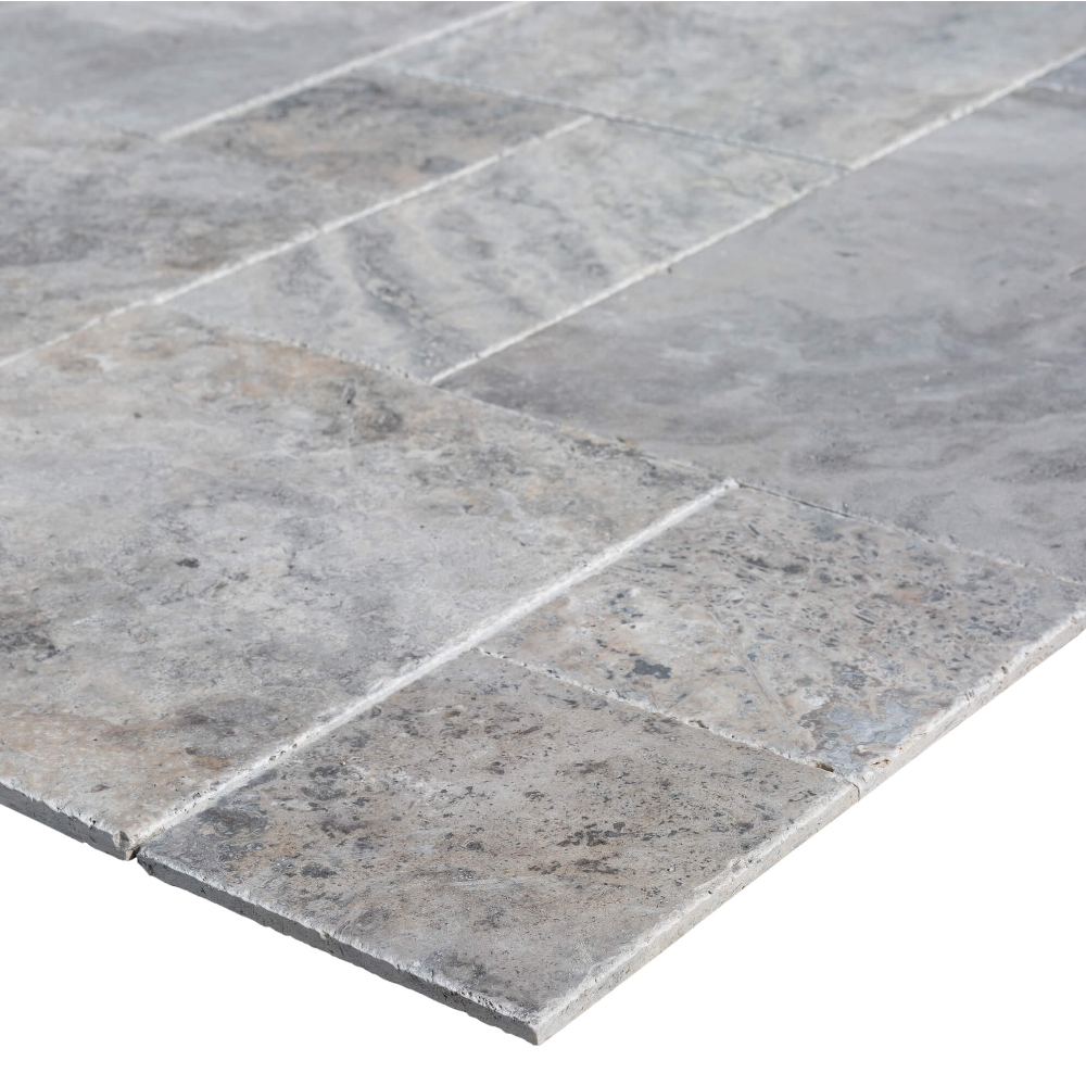 Silver Antique French Pattern Set Travertine Tile-Brushed and Chiseled