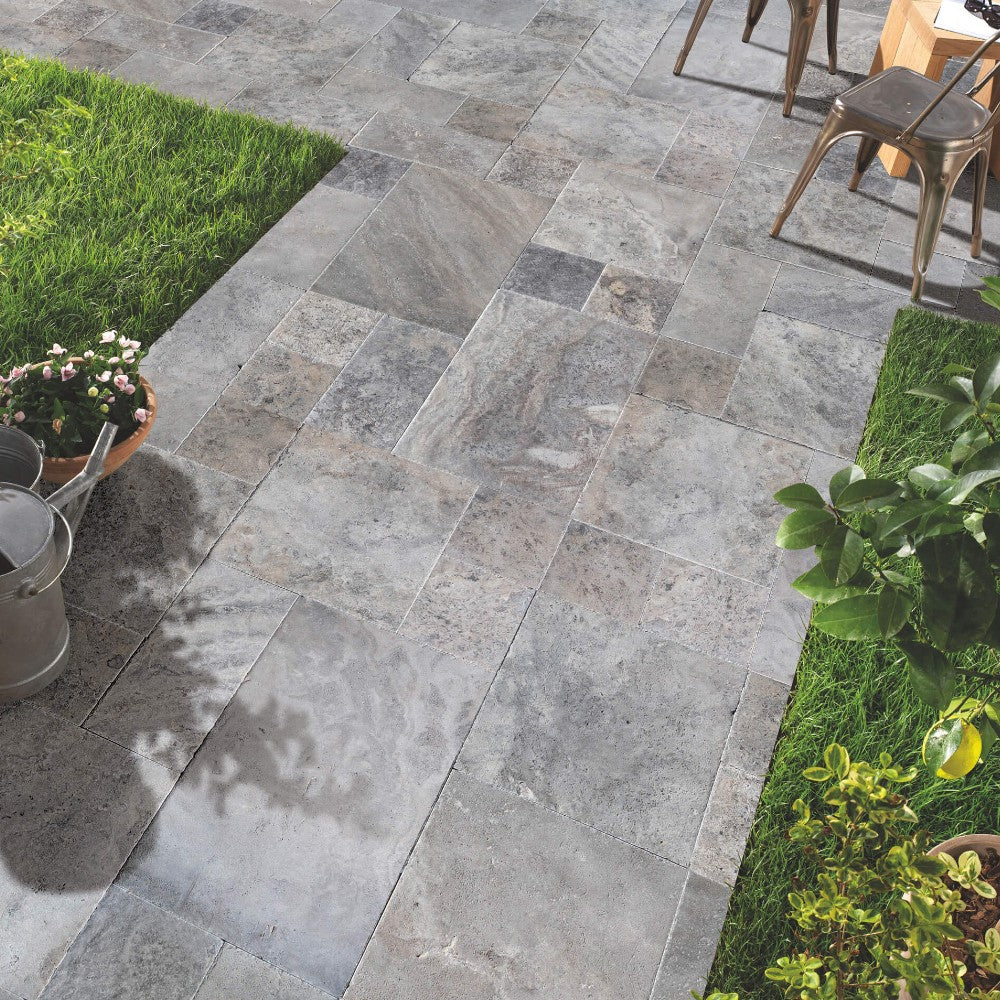 Silver Antique French Pattern Set Travertine Tile-Brushed and Chiseled