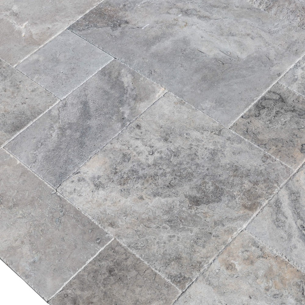 Silver Antique French Pattern Set Travertine Tile-Brushed and Chiseled