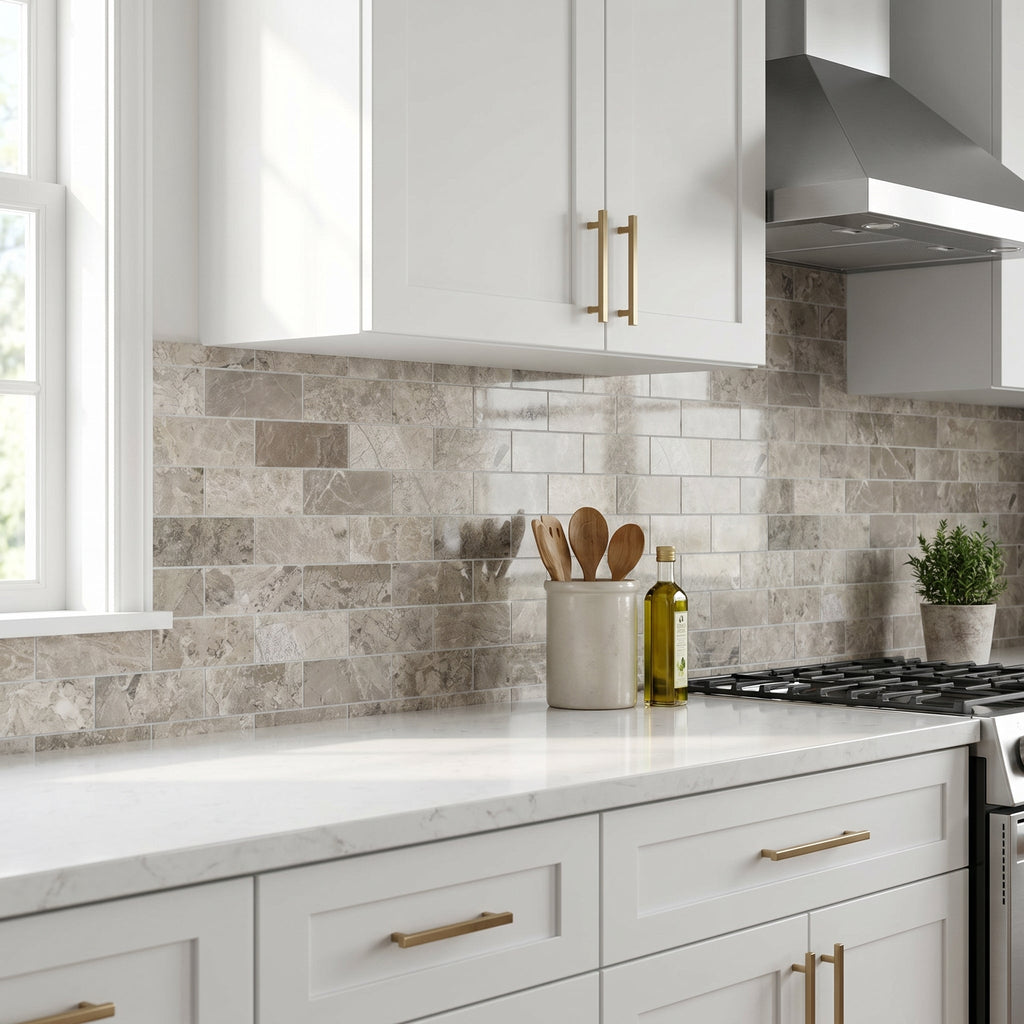 Silver Shadow Marble 2"x4" Brick Honed on 12" x 12" Mesh Mosaic Tile