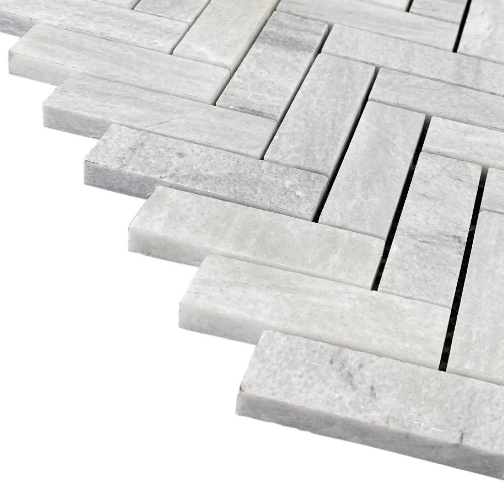 Solto White 1"x3" Herringbone on 12" x 12" Mesh Marble Mosaic Tile
