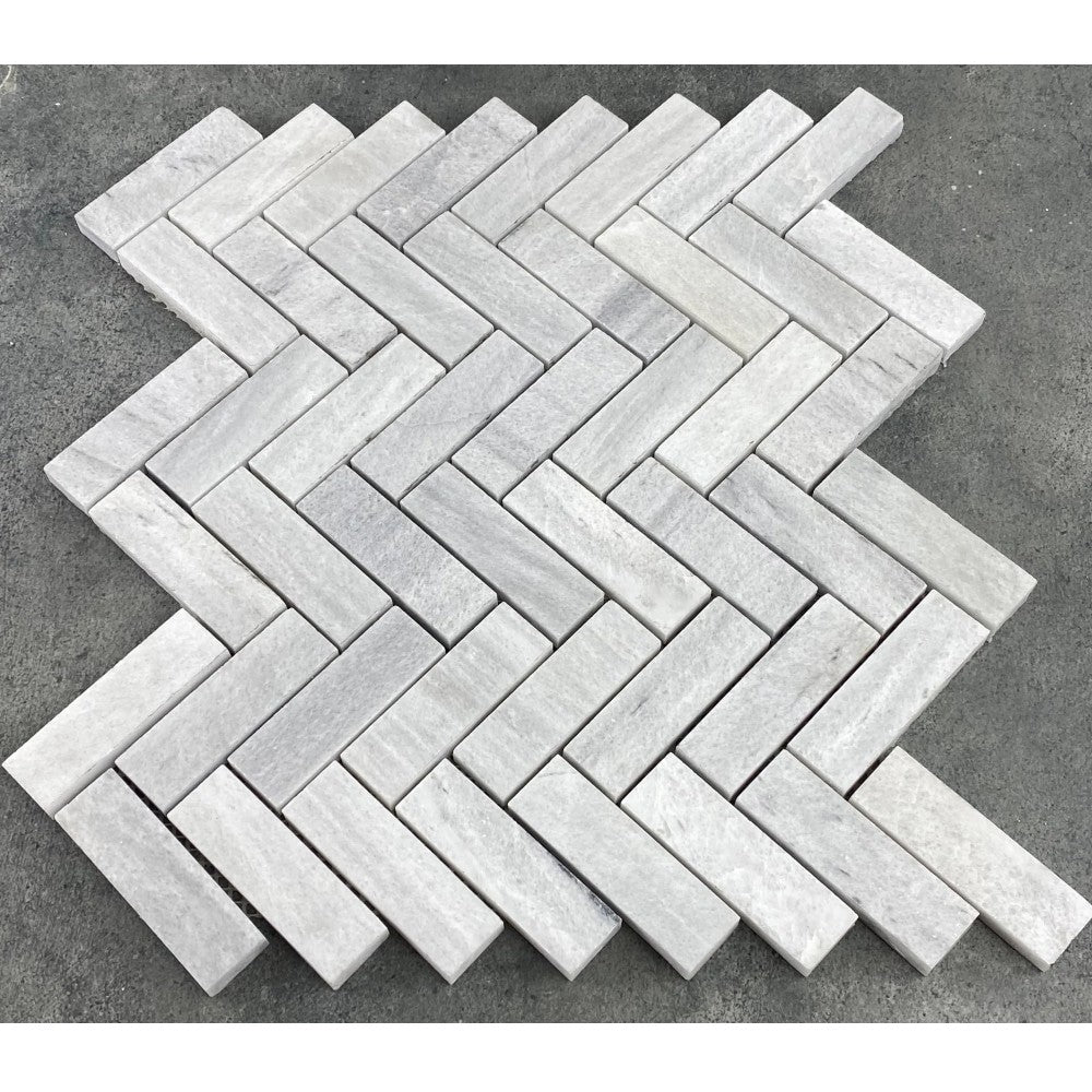 Solto White 1"x3" Herringbone on 12" x 12" Mesh Marble Mosaic Tile