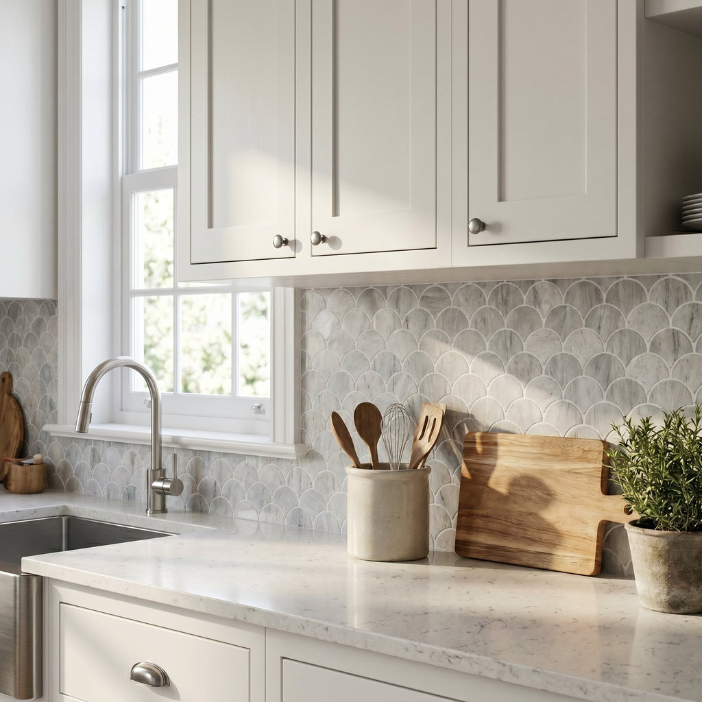 Solto White Marble Laguna on 12" x 12" Mesh Mosaic Tile