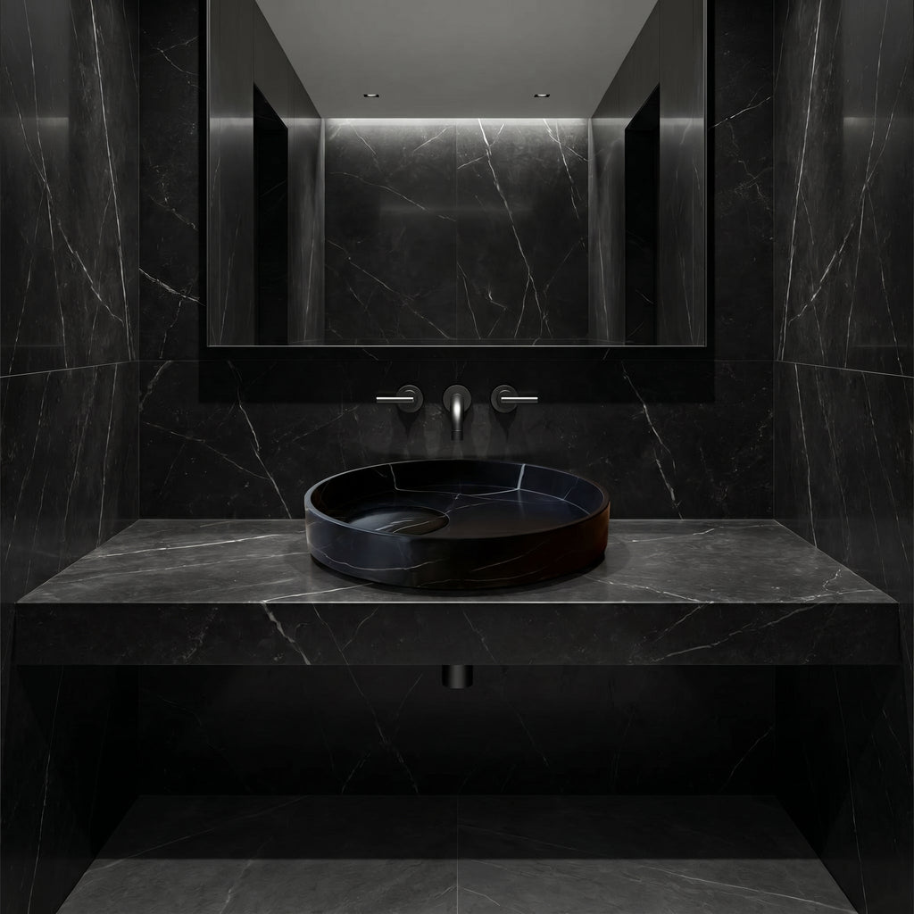Toros Black Natural Stone Marble Artistic Vessel Sink Polished (D)17.5" (H)6"