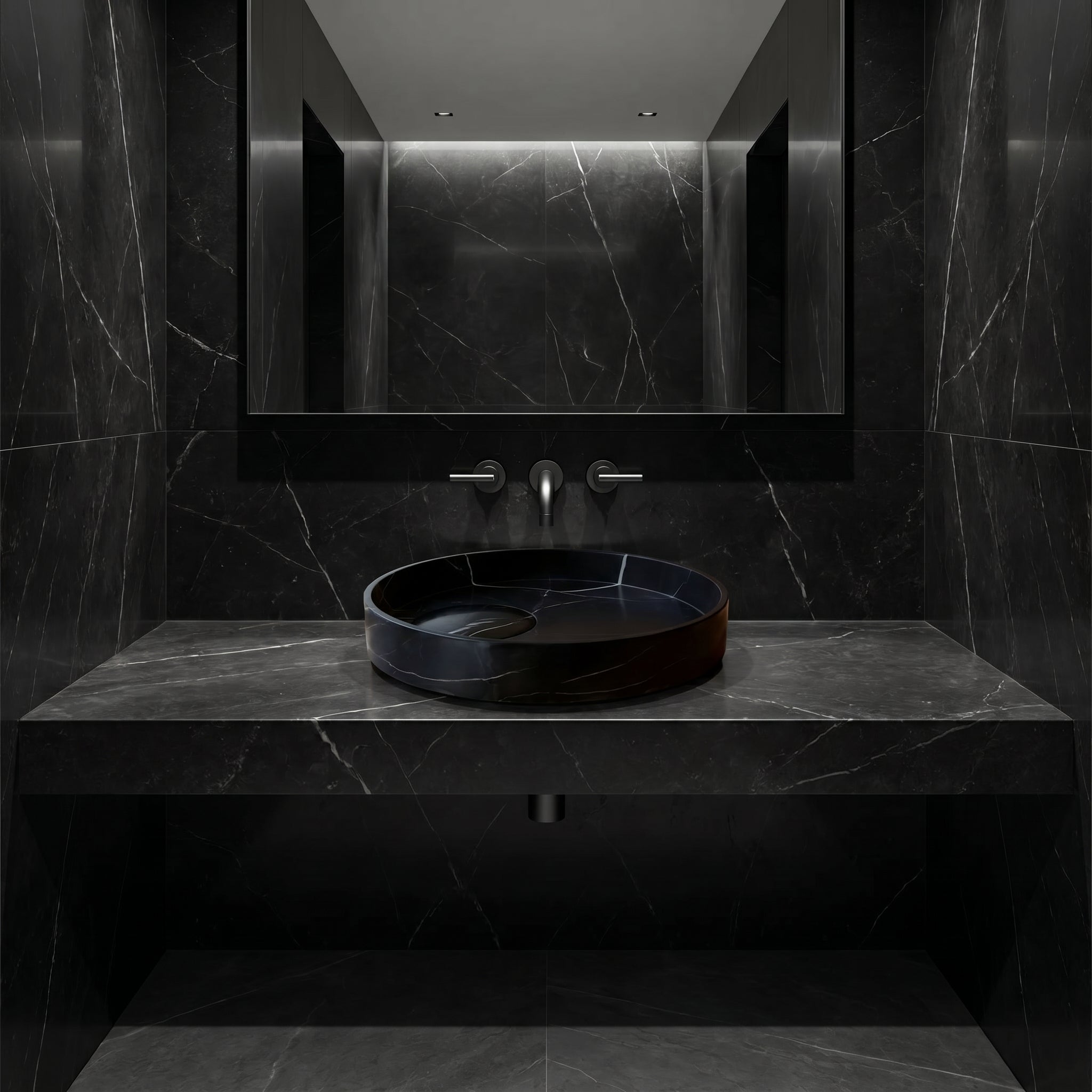 Toros Black Natural Stone Marble Artistic Vessel Sink Polished (D)17.5" (H)6"