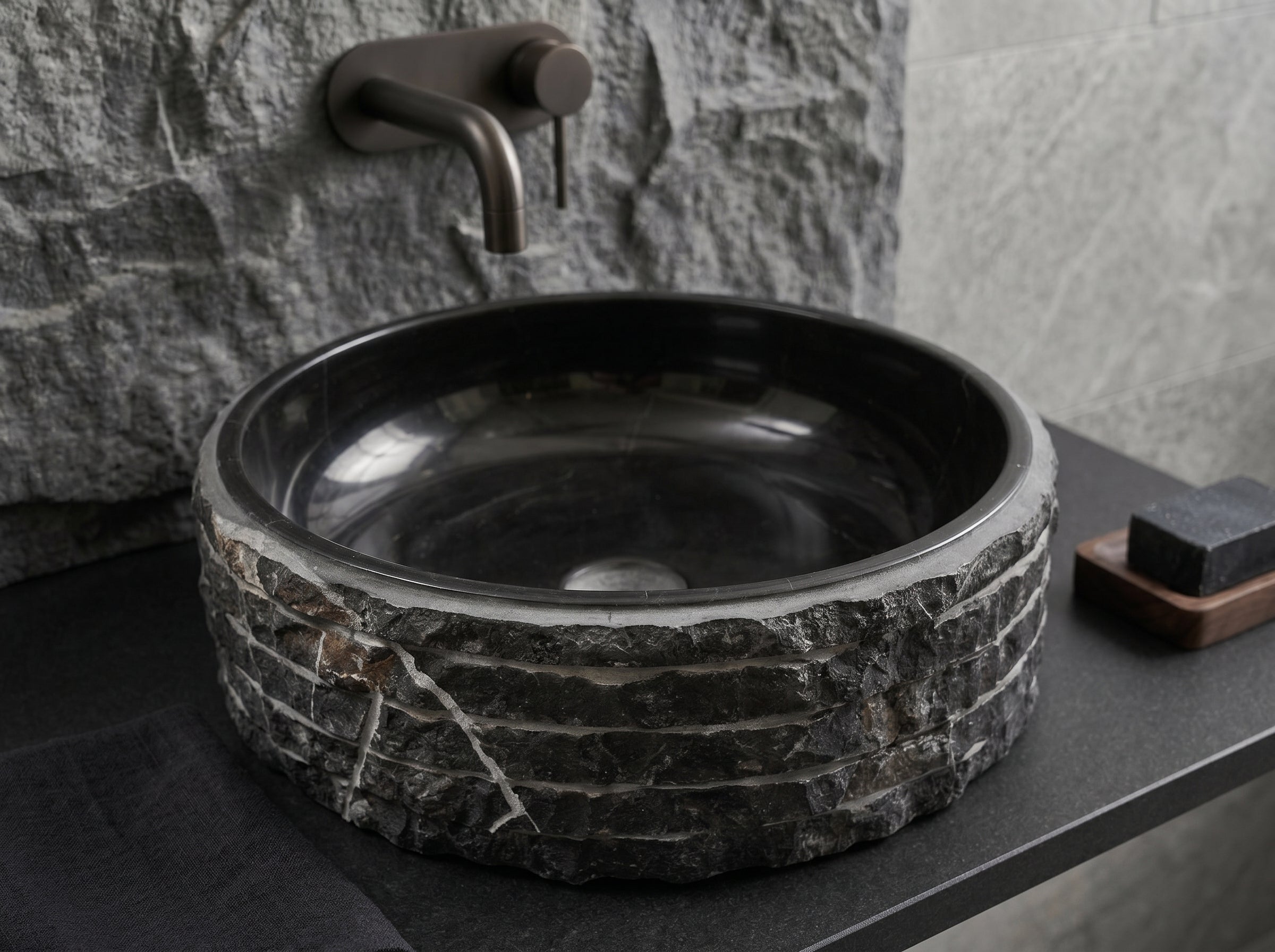 Toros Black Marble Vessel Bathroom Sink Bowl Polished Interior and Combed/Rough Exterior (D)16" (H)5"